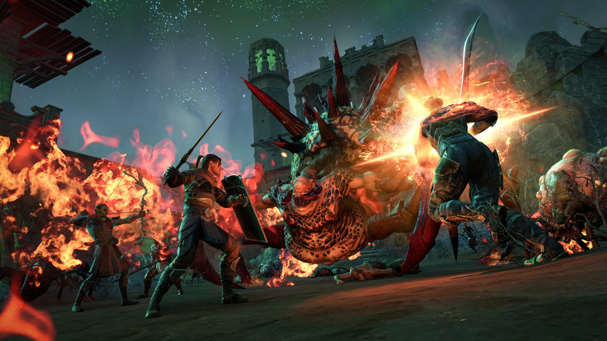 Characters in 'Elder Scrolls Online' battle a large, spiked creature amid flames and ruins.