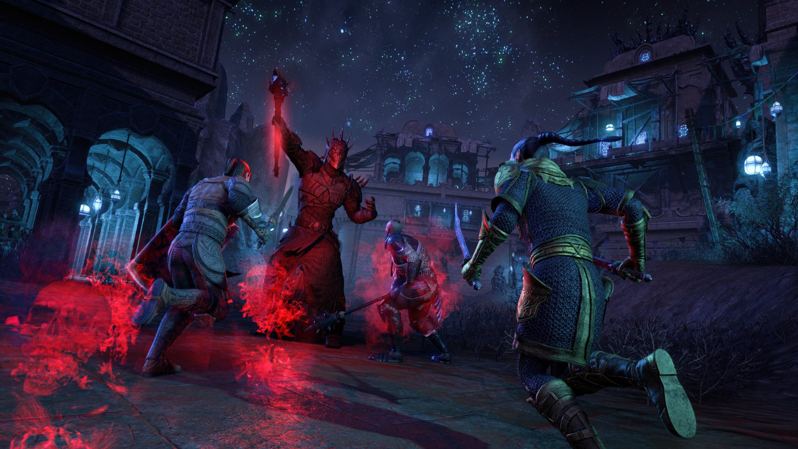 A battle scene in a fantasy setting with armored characters wielding weapons, surrounded by red mist and a starry sky.
