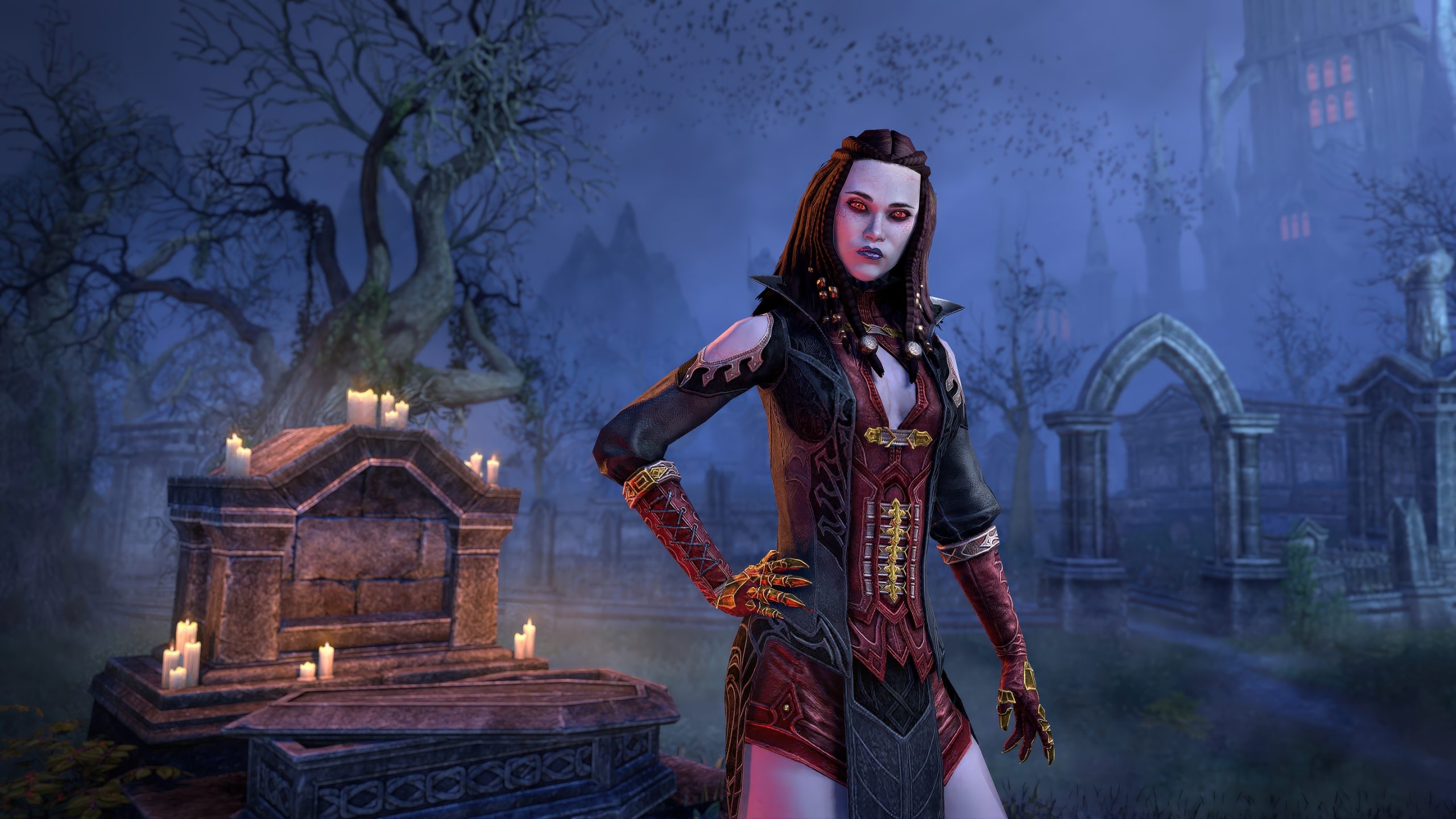 A vampire character standing in a moonlit graveyard with candles on a tombstone in 'The Elder Scrolls Online.'