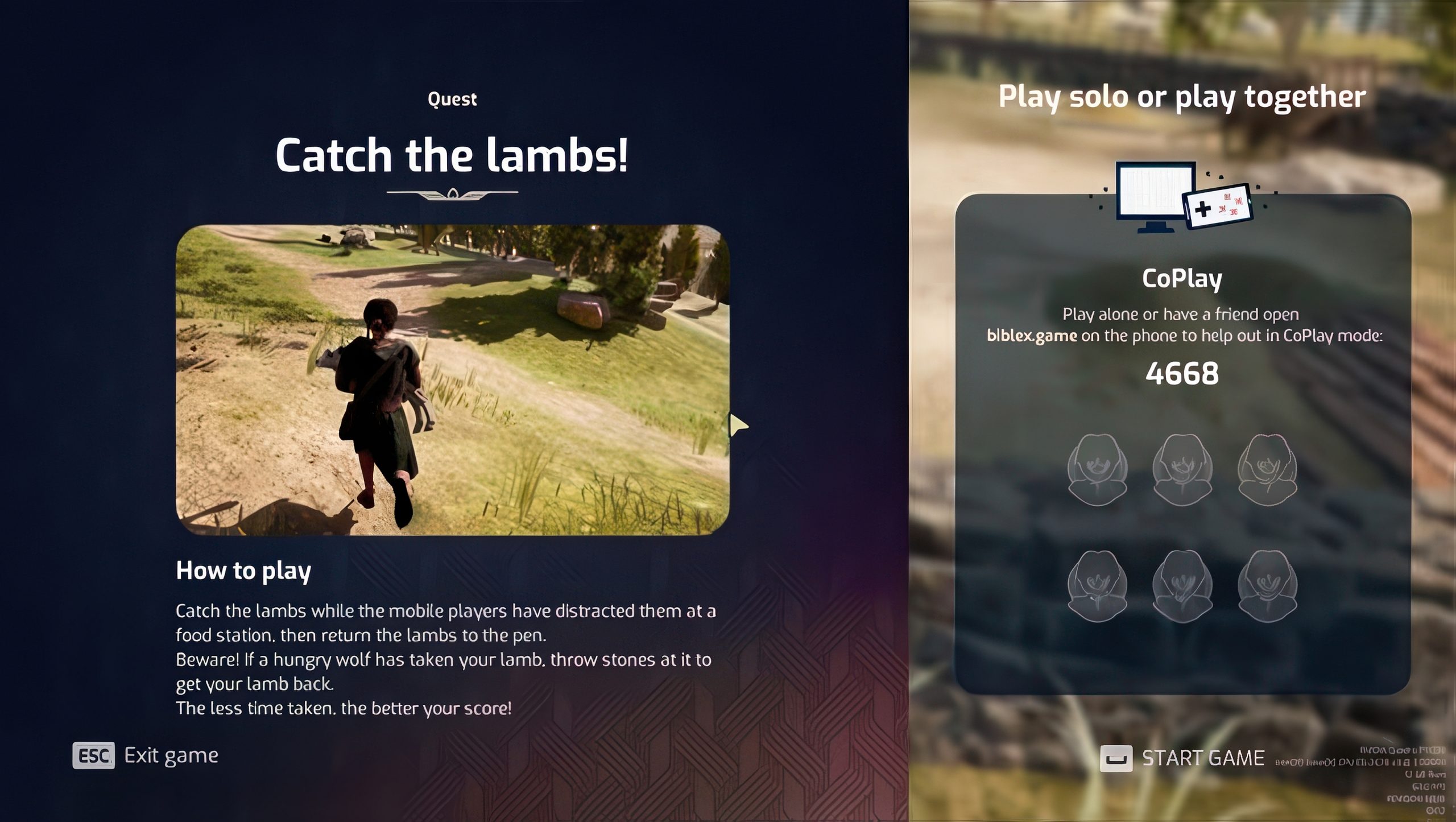A character runs towards a lamb with the quest 'Catch the lambs!' displayed alongside instructions and a 'CoPlay' multiplayer option showing code 4668.