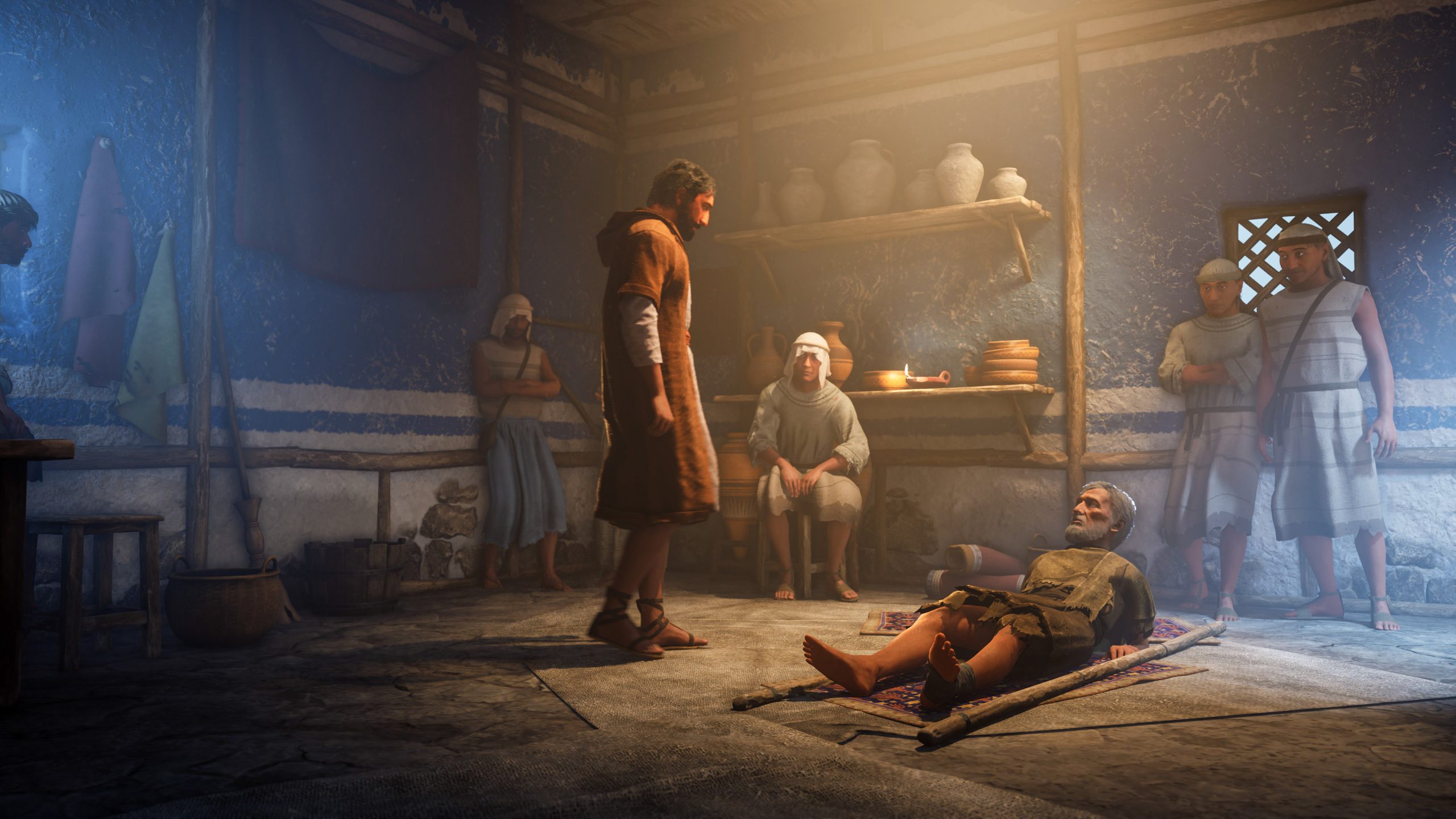 A scene in the game Assassin's Creed: Mirage showing a group of characters in a dimly lit, rustic room with pottery and a seated man on a mat.