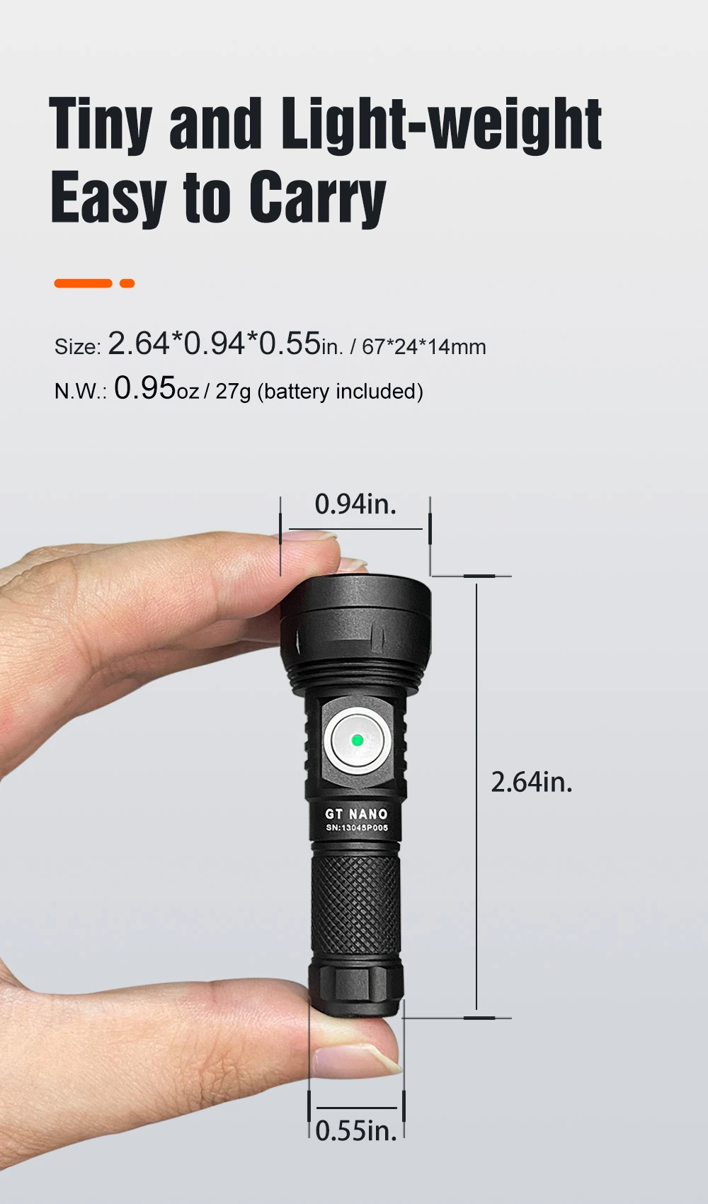 Lumintop GT NANO 3.0: 700lm σε μια απόσταση 400 μέτρων για έναν επαναφορτιζόμενο φακό 6 εκατοστών!! Lumintop GT NANO 3.0 400M EDC Thrower Flashlight size