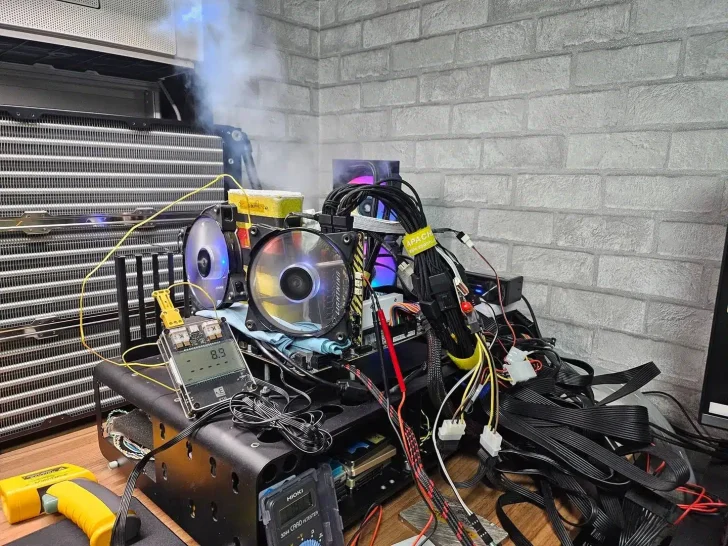 Μια προσαρμοσμένη εγκατάσταση υδρόψυκτου υπολογιστή με ορατά εξαρτήματα όπως ανεμιστήρες και καλώδια, συνοδευόμενη από ψηφιακό θερμόμετρο με ένδειξη «8.9», εμφανίζεται σε ένα γραφείο με φόντο έναν τοίχο από τούβλα.