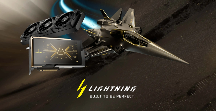 Μια κάρτα γραφικών MSI Lightning συνδυάζεται με σχέδιο με θέμα το μαχητικό τζετ, με το λογότυπο και το σύνθημα «Lightning Built to be Perfect».