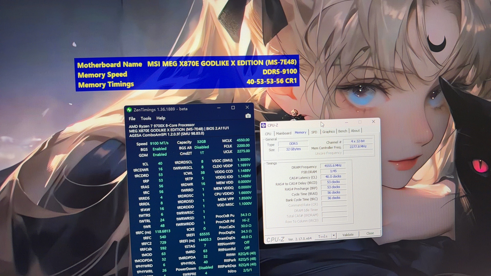Η εικόνα δείχνει μια οθόνη με λογισμικό overclocking για μια μητρική πλακέτα MSI MEG X670E GODLIKE X EDITION (MS-7E48), με ταχύτητα μνήμης DDR5-9100 και χρονισμούς 40-53-53-56 CR1, με παράθυρα λογισμικού που περιγράφουν λεπτομερώς τους χρονισμούς RAM και τις προδιαγραφές της CPU.
