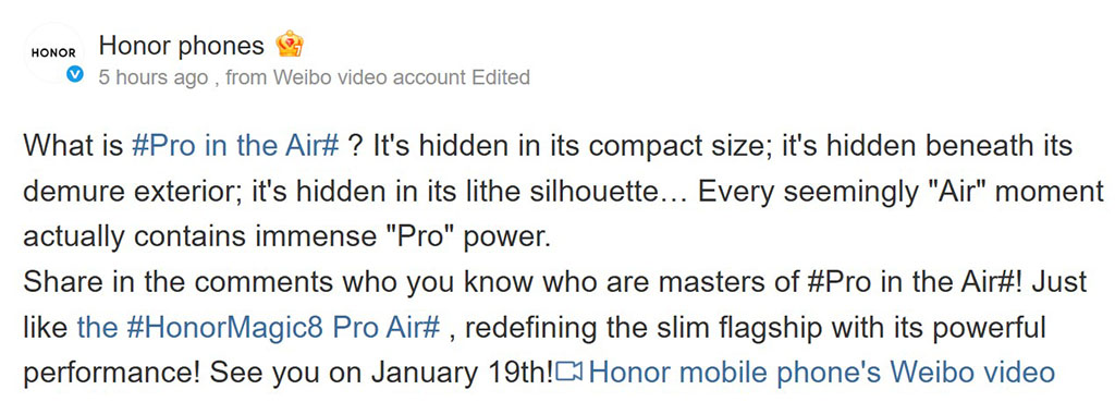 Ανακοινώθηκε το Honor Magic 8 Pro Air, το οποίο θα κυκλοφορήσει στις 19 Ιανουαρίου