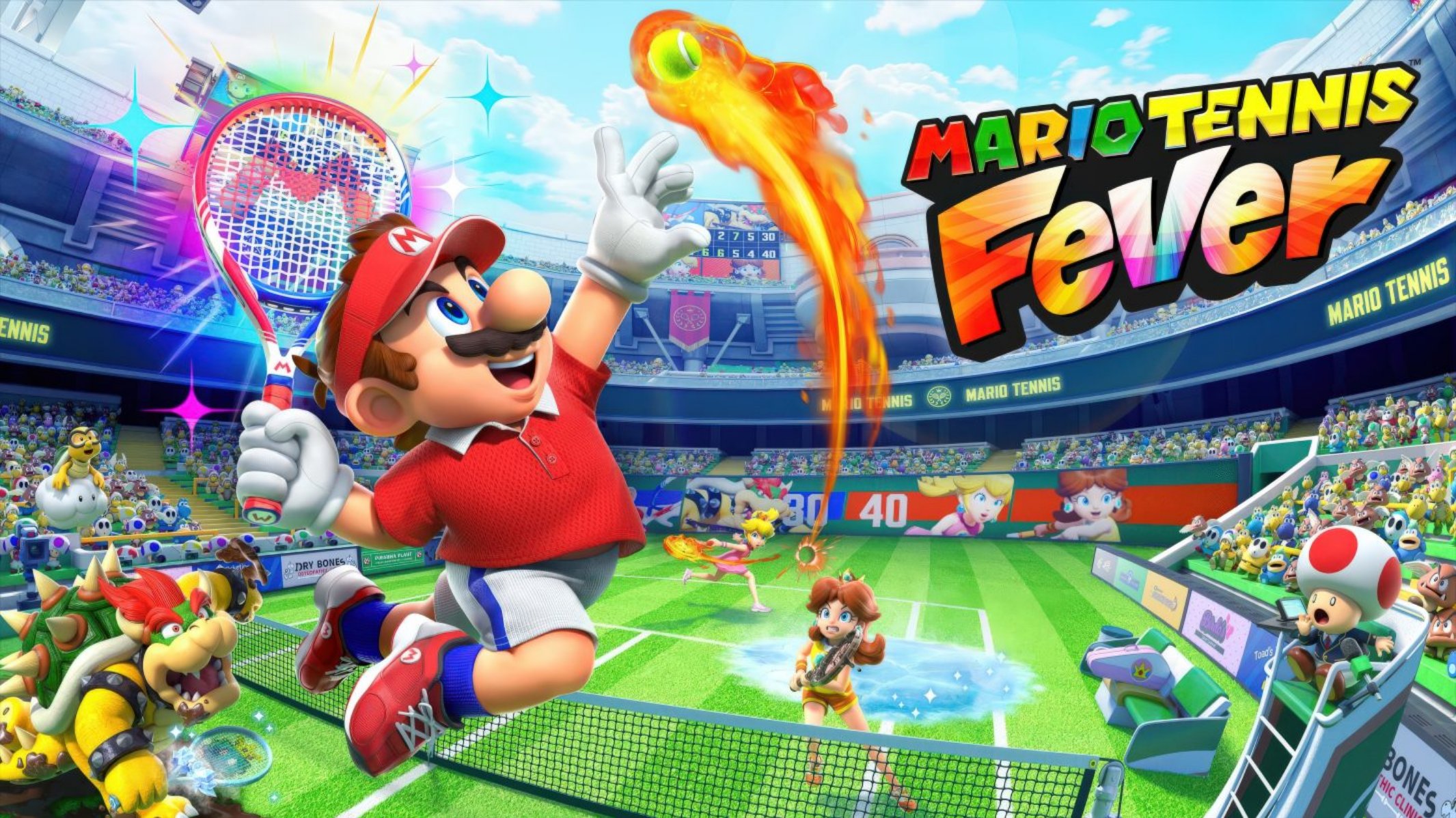 Ο Mario από τη σειρά Mario Tennis πηδάει για να χτυπήσει μια φλεγόμενη μπάλα του τένις σε ένα γήπεδο με έντονα χρώματα με τον τίτλο «Mario Tennis Fever» σε περίοπτη θέση.