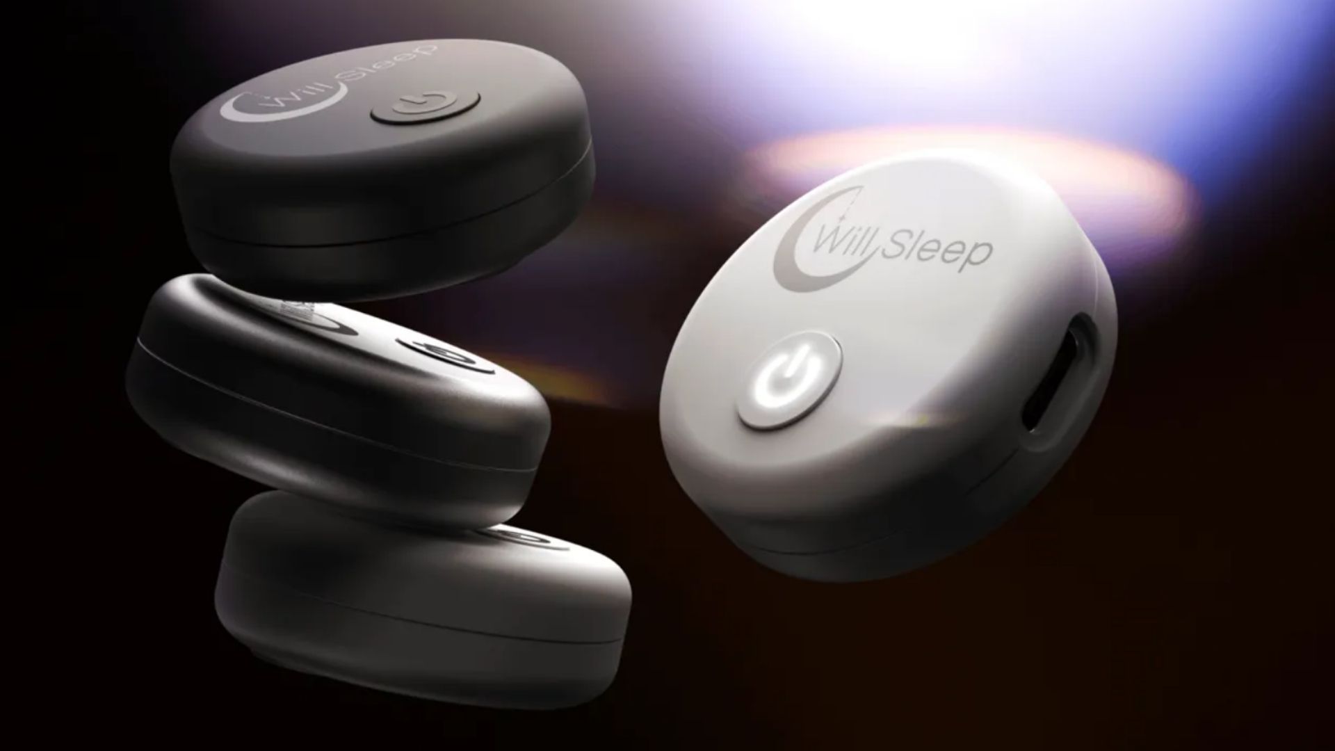 Συσκευή νευροδιέγερσης WillSleep σε μαύρο φόντο με μπλε φως να λάμπει