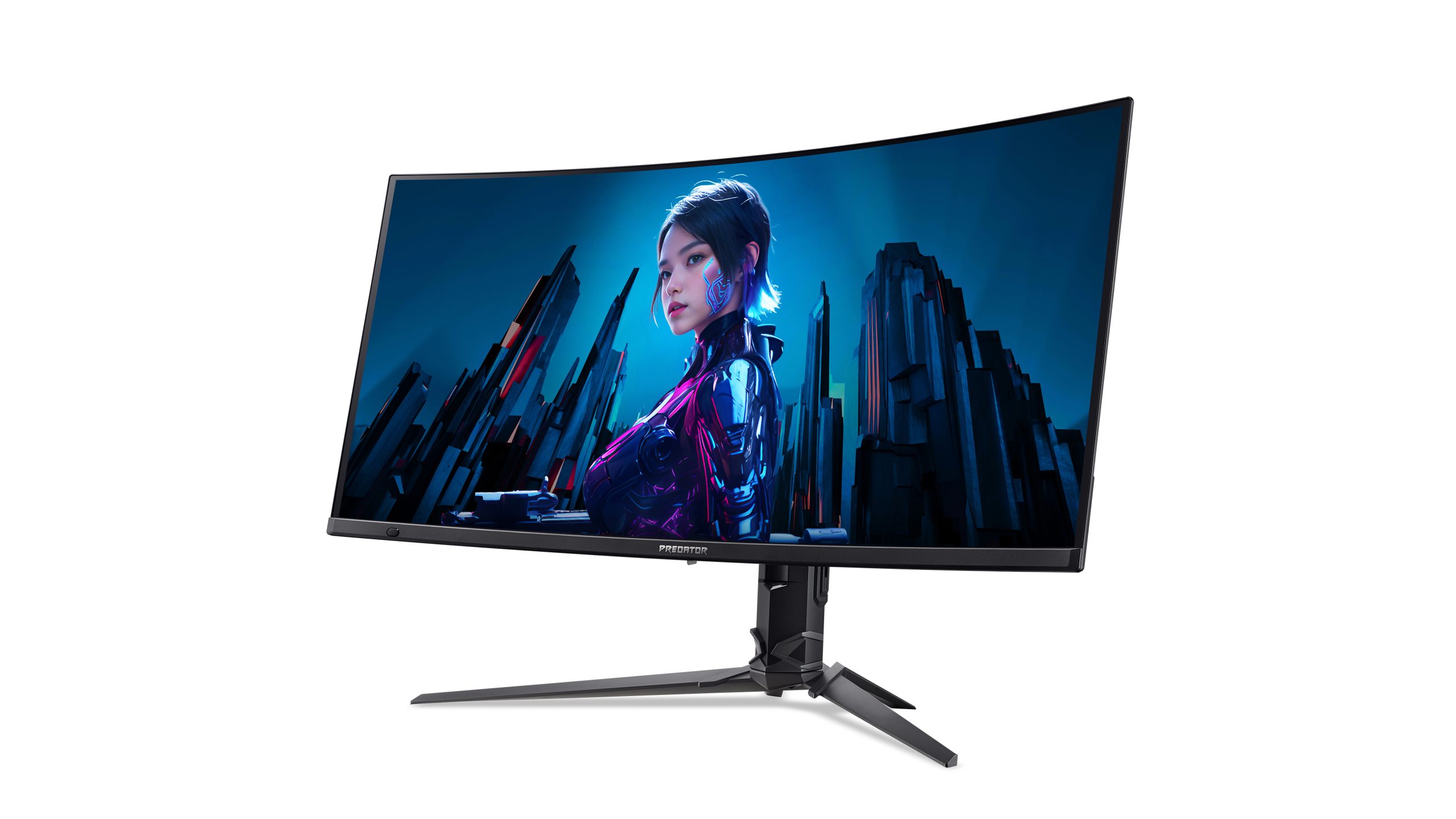 Μια κυρτή οθόνη Acer Predator που εμφανίζει έναν φουτουριστικό χαρακτήρα σε φόντο πόλης.