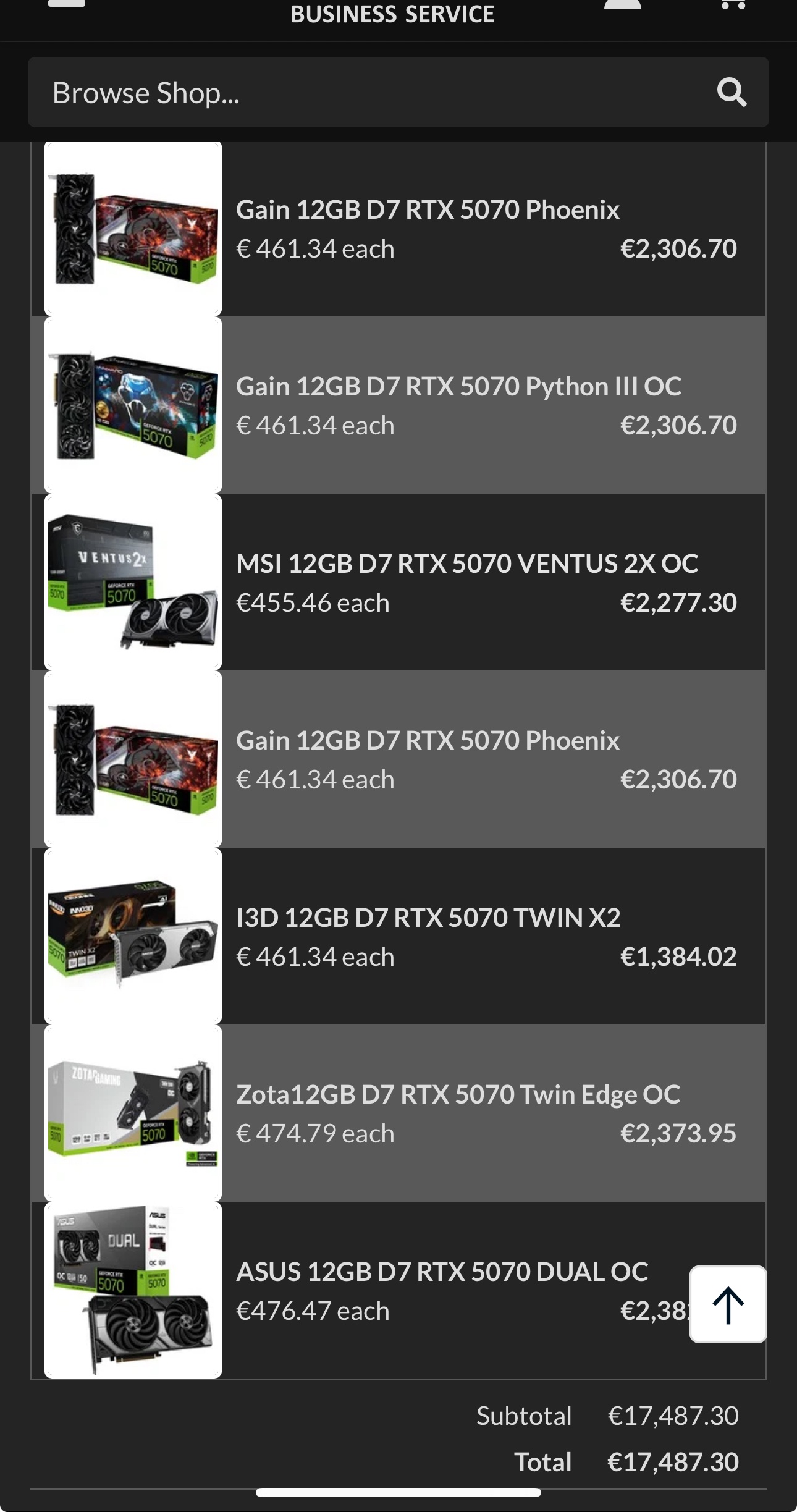 Ένα στιγμιότυπο οθόνης μιας σελίδας αγορών δείχνει διάφορες κάρτες γραφικών, συμπεριλαμβανομένων των Gain 12GB D7 RTX 5070 Phoenix για 2.306,70 €, MSI 12GB D7 RTX 5070 Ventus 2X OC για 2.277,30 €, I3D 12GB D7 RTX 50