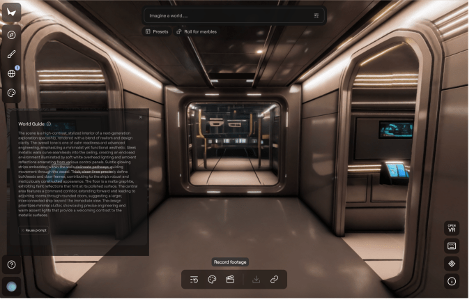 Το 2026, η τεχνητή νοημοσύνη θα περάσει από τη διαφημιστική εκστρατεία στον πραγματισμό Περιβάλλον διαστημικού πλοίου που δημιουργήθηκε σε Marble με επικάλυψη κειμένου. Σημειώστε πώς τα φώτα αντανακλώνται ρεαλιστικά στα τοιχώματα του κέντρου.