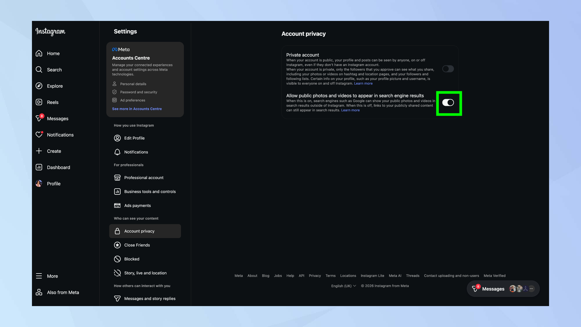 Ρυθμίσεις απορρήτου λογαριασμού Instagram