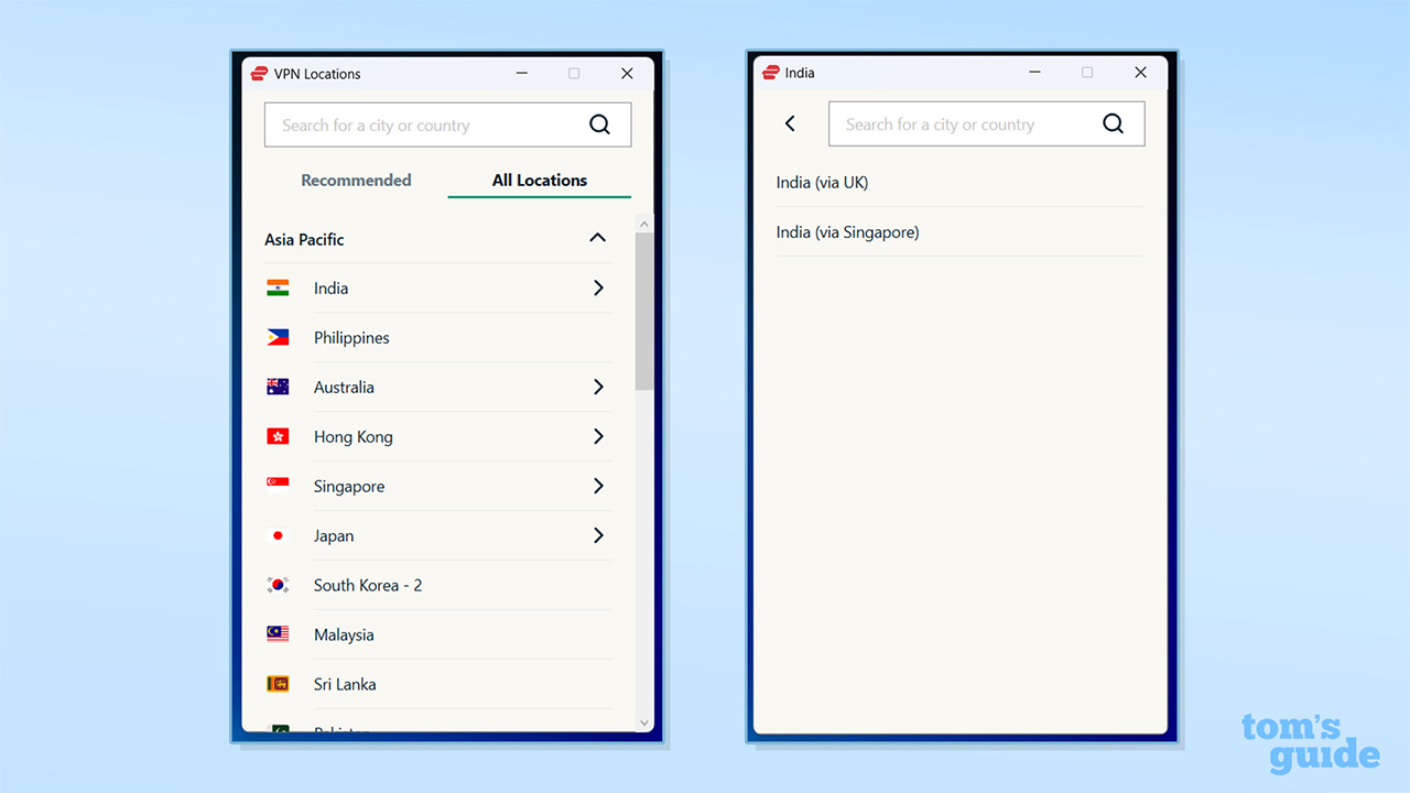 Στιγμιότυπο οθόνης τοποθεσιών ExpressVPN Ινδίας