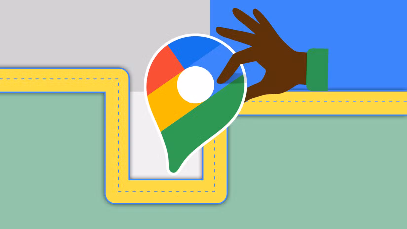 Ένα χέρι που κρατά το λογότυπο των Χαρτών Google σε μια ελικοειδή κίτρινη διαδρομή πλοήγησης