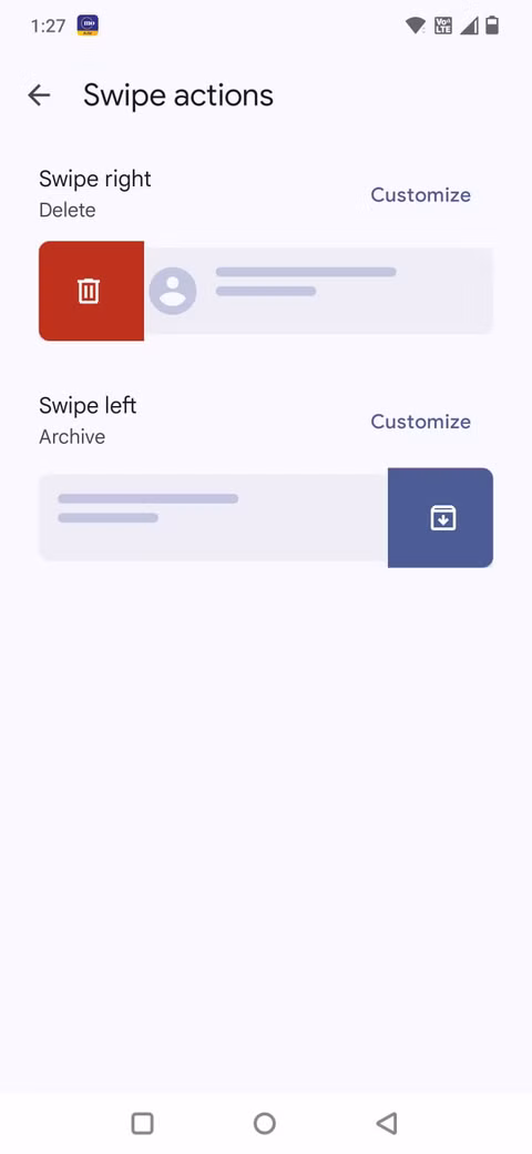 Στιγμιότυπο οθόνης που δείχνει τις ενέργειες ολίσθησης στο Google Messages 