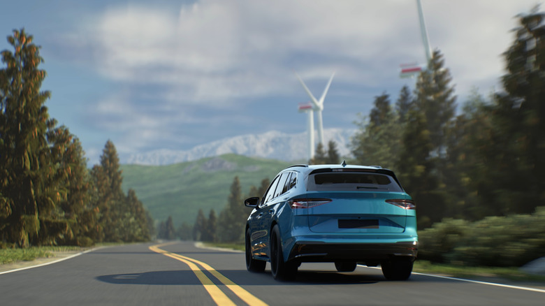 Μια τρισδιάστατη απόδοση ενός αυτοκινήτου που οδηγεί στο δρόμο.