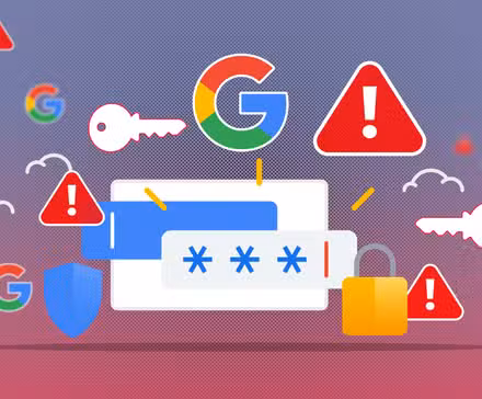 Αυτή η μακροπρόθεσμη λειτουργία Προηγμένης Προστασίας Android 16 είναι έτοιμη για διάθεση Απεικόνιση του διαχειριστή κωδικών πρόσβασης της Google με το λογότυπο Google και προειδοποιητικές πινακίδες γύρω από αυτό.