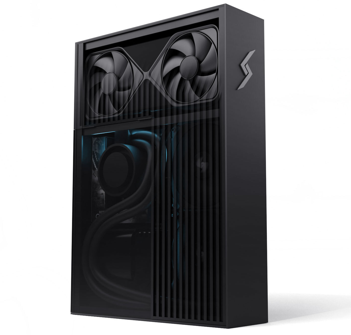 A V-shaped computer case with dual front-facing fans and a stylized S logo.