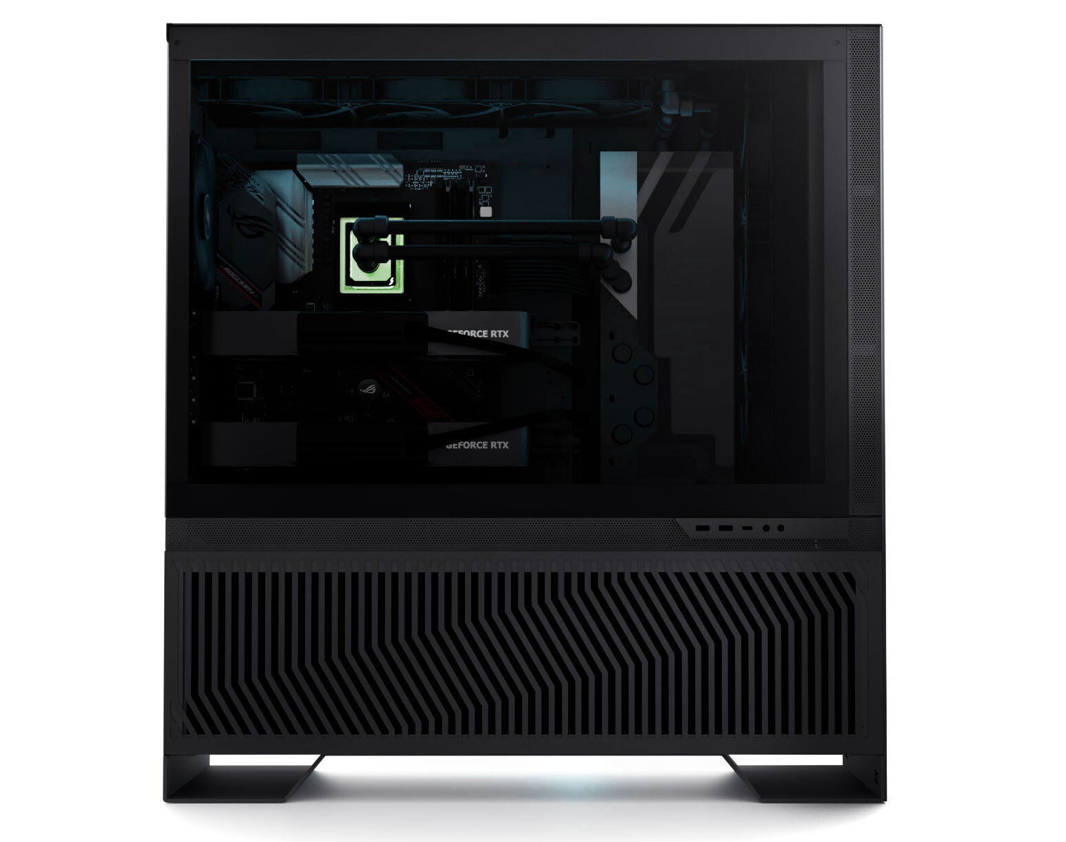 A PC setup with dual NVIDIA GeForce RTX graphics cards and an ASUS ROG motherboard visible through a side glass panel with a modern cooling system.