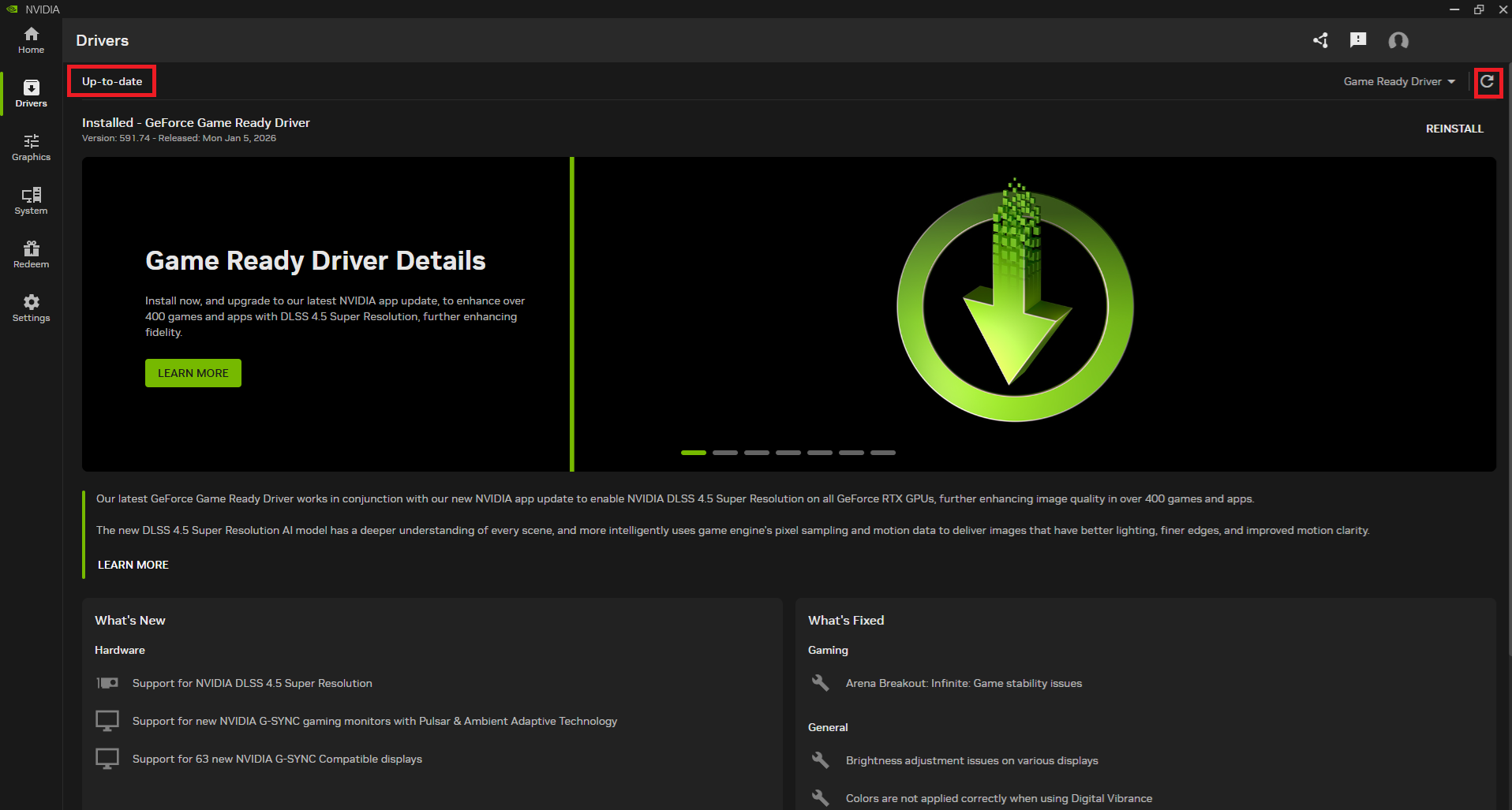The NVIDIA GeForce Experience app displays 'Up-to-date' status for the installed GeForce Game Ready Driver version 591.74, highlighting features like DLSS 4.5 Super Resolution support.