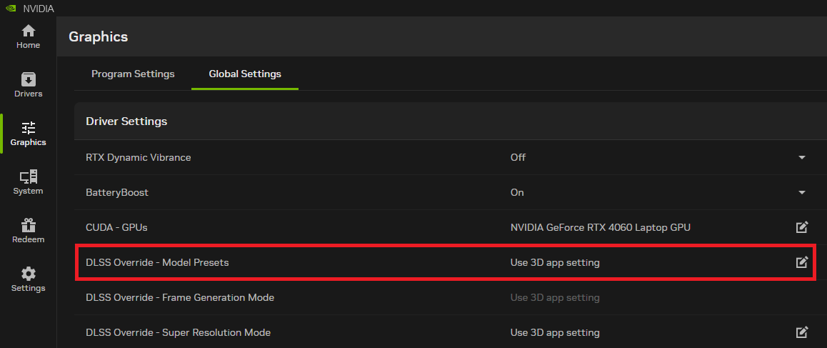 The NVIDIA settings interface displays 'Global Settings' for the 'NVIDIA GeForce RTX 4060 Laptop GPU' with a highlighted 'DLSS Override - Model Presets' option set to 'Use 3D app setting'.