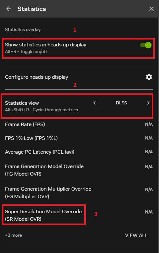 A software settings menu shows the 'Show statistics in heads up display' toggle turned on, 'Statistics view' set to 'DLSS', and 'Super Resolution Model Override' listed with N/A.