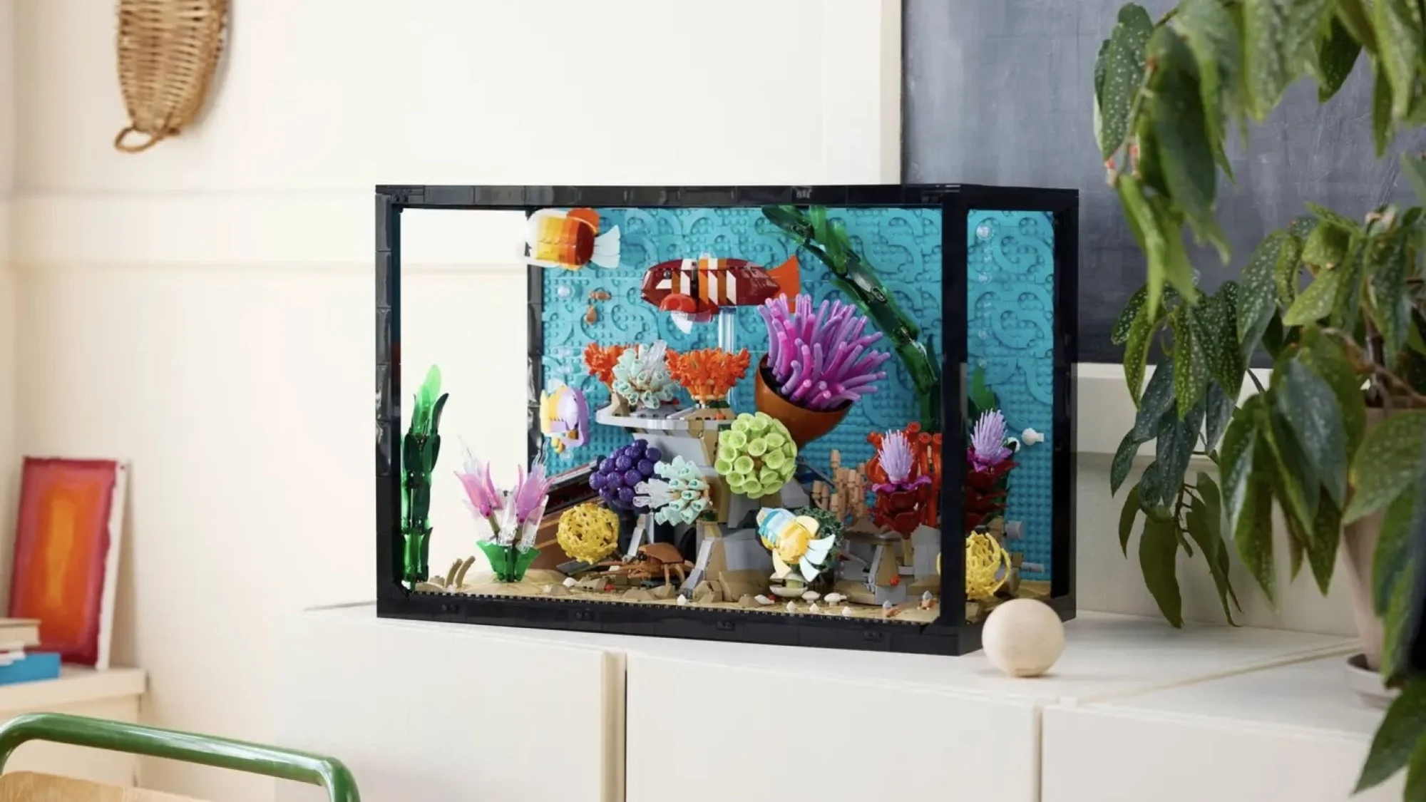 Lego Icons Tropical Aquarium on sideboard in living room