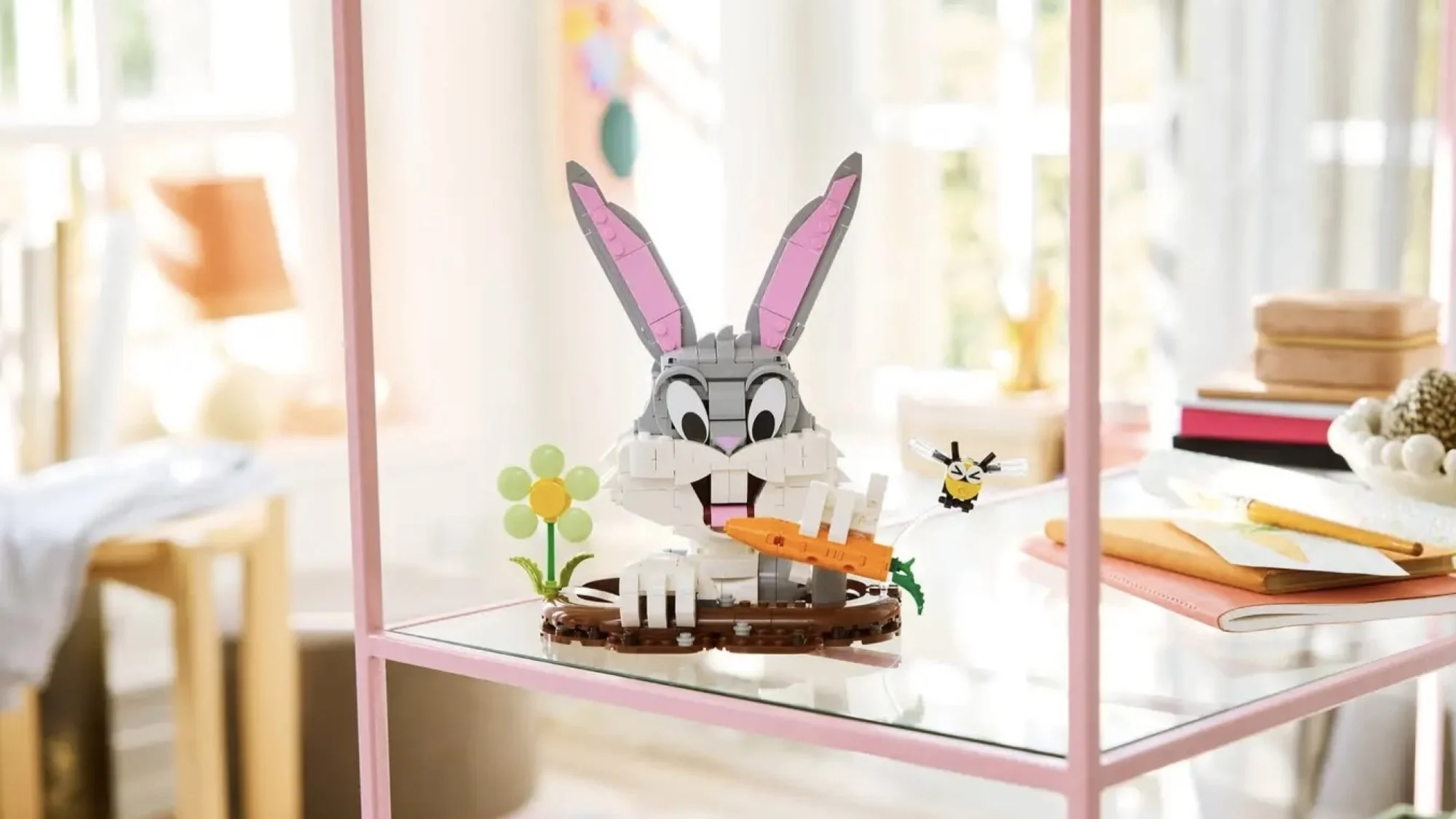 lego bugs bunny on bookshelf