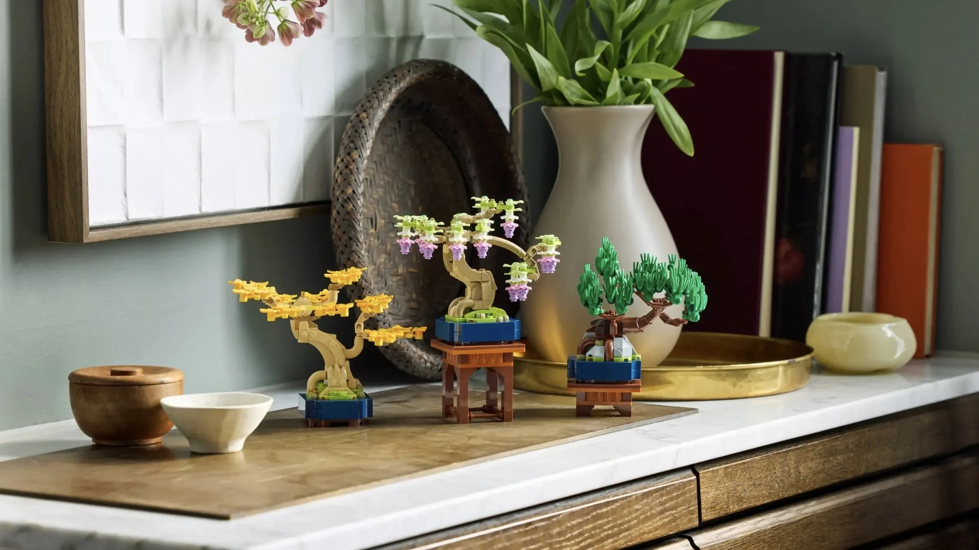 lego bonsai trees on sideboard