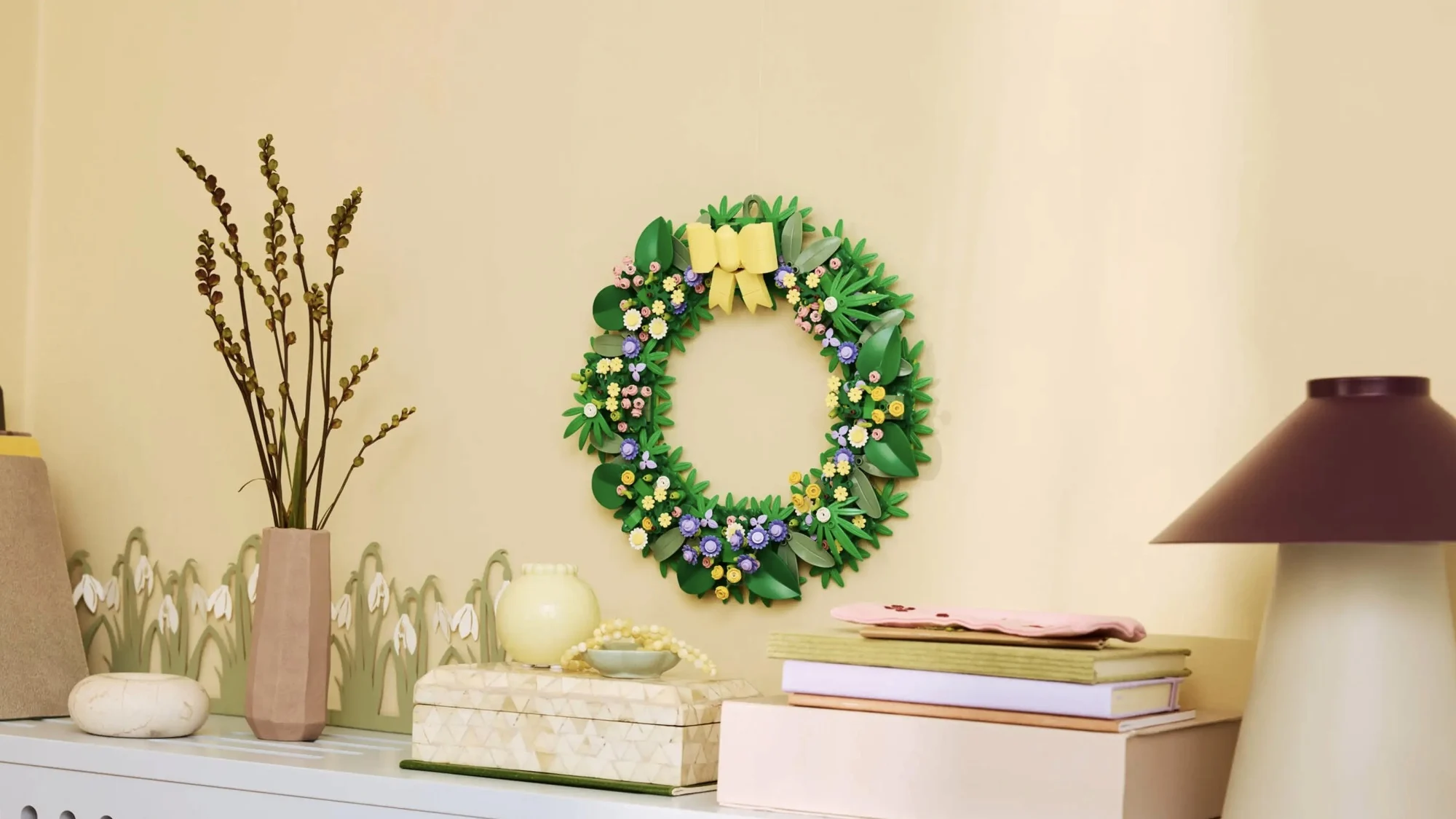 lego spring wreath on wall in living room