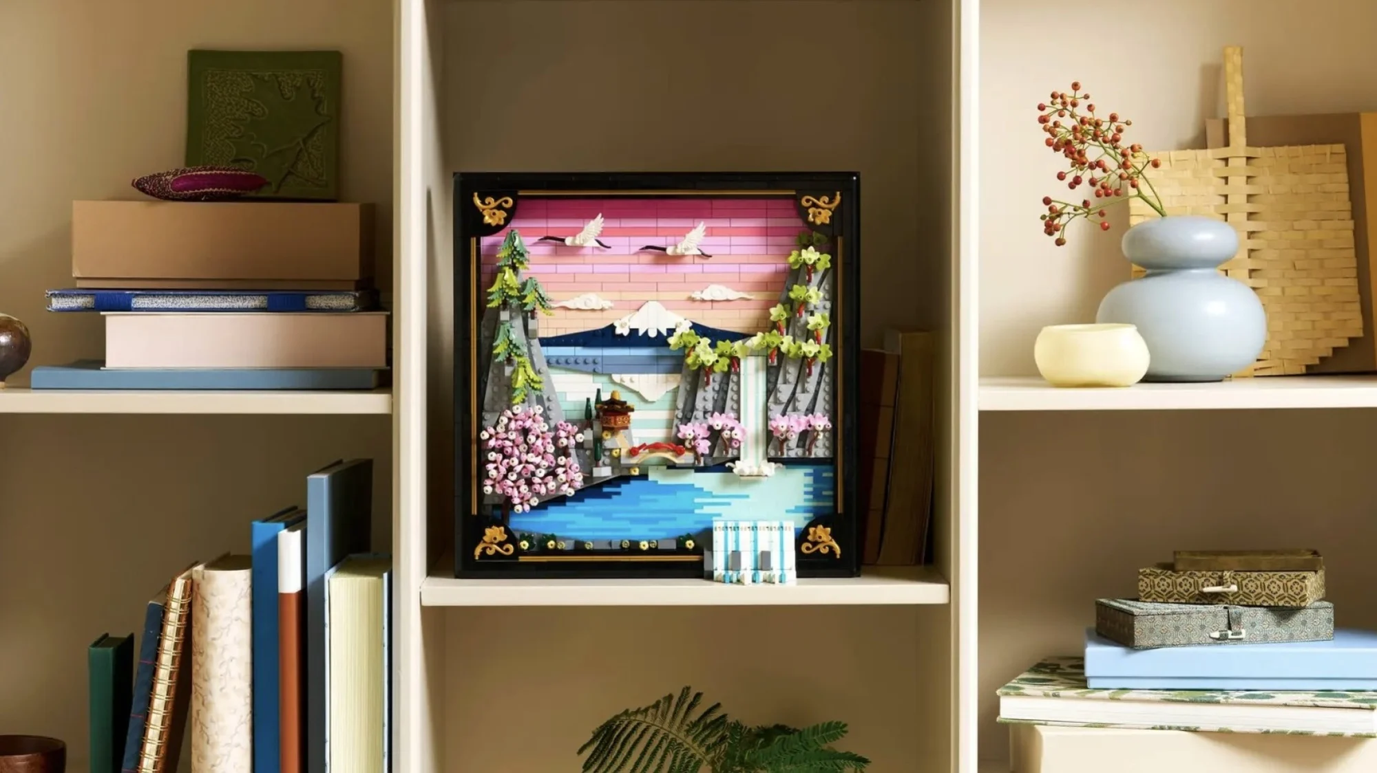 lego art japanese cherry blossom landscape on decorative bookshelf