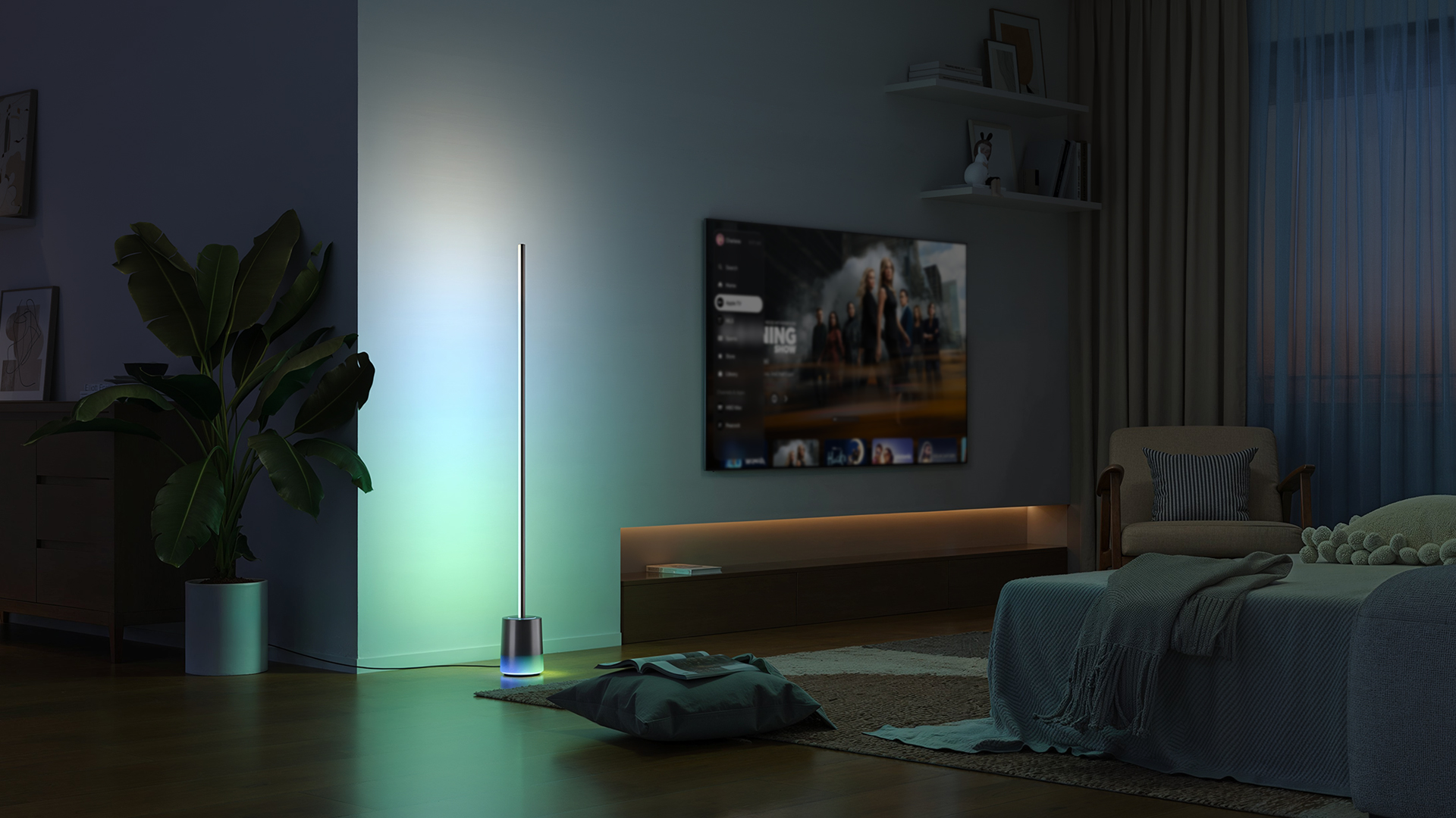 Φωτιστικό δαπέδου Govee 3 δίπλα σε τηλεόραση