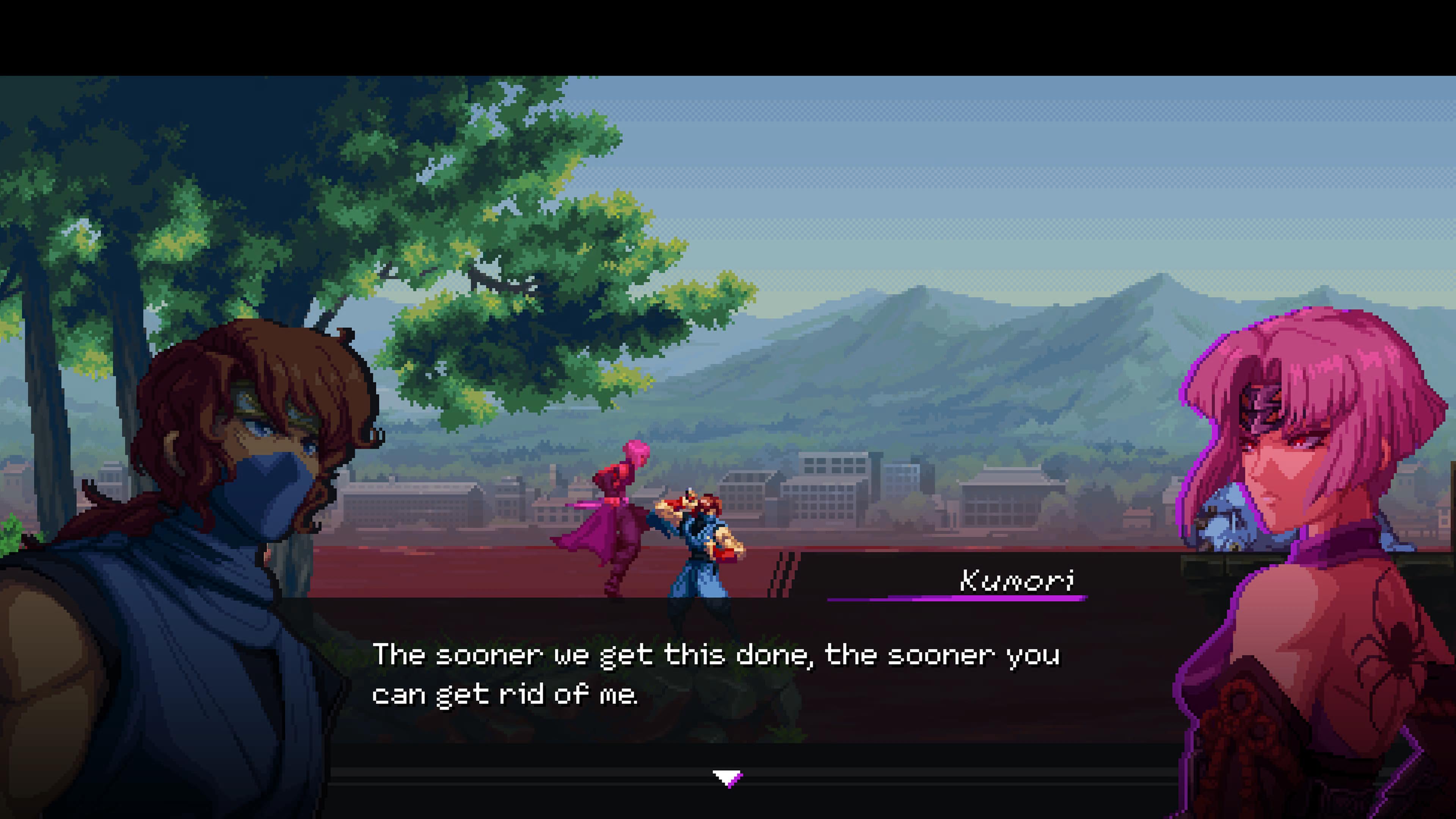 Στιγμιότυπο οθόνης από το Ninja Gaiden: Ragebound που απεικονίζει μια συνομιλία μεταξύ των δύο κεντρικών χαρακτήρων με το κείμενο 