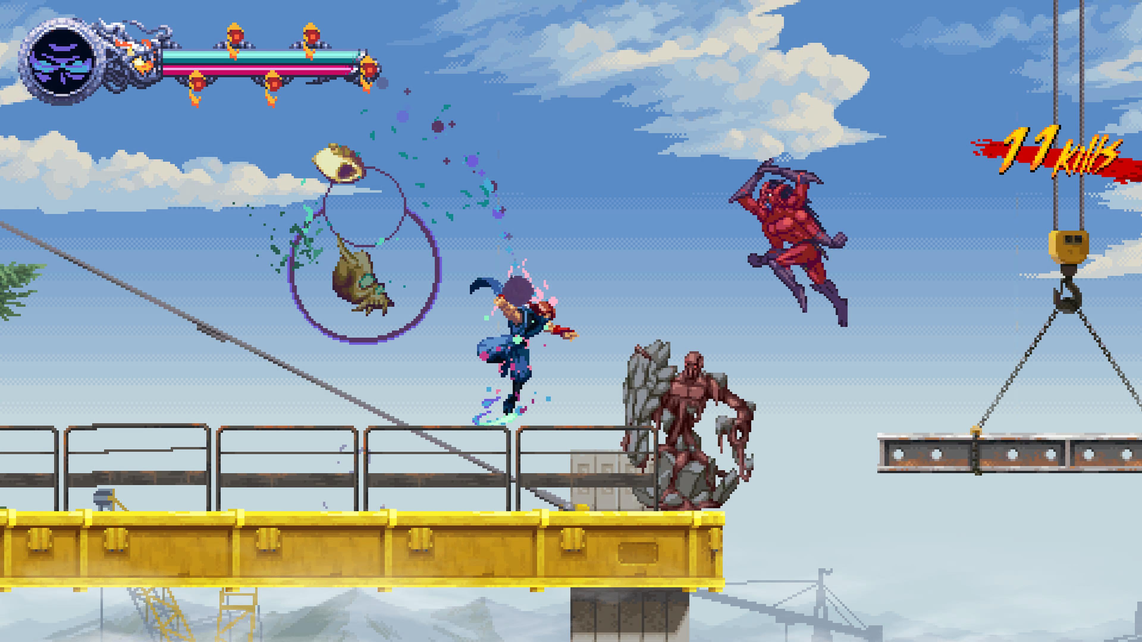 Στιγμιότυπο οθόνης από το Ninja Gaiden: Ragebound, το οποίο απεικονίζει τον κεντρικό χαρακτήρα να μάχεται απέναντι σε τρεις αντιπάλους στις κορυφές των κτηρίων.