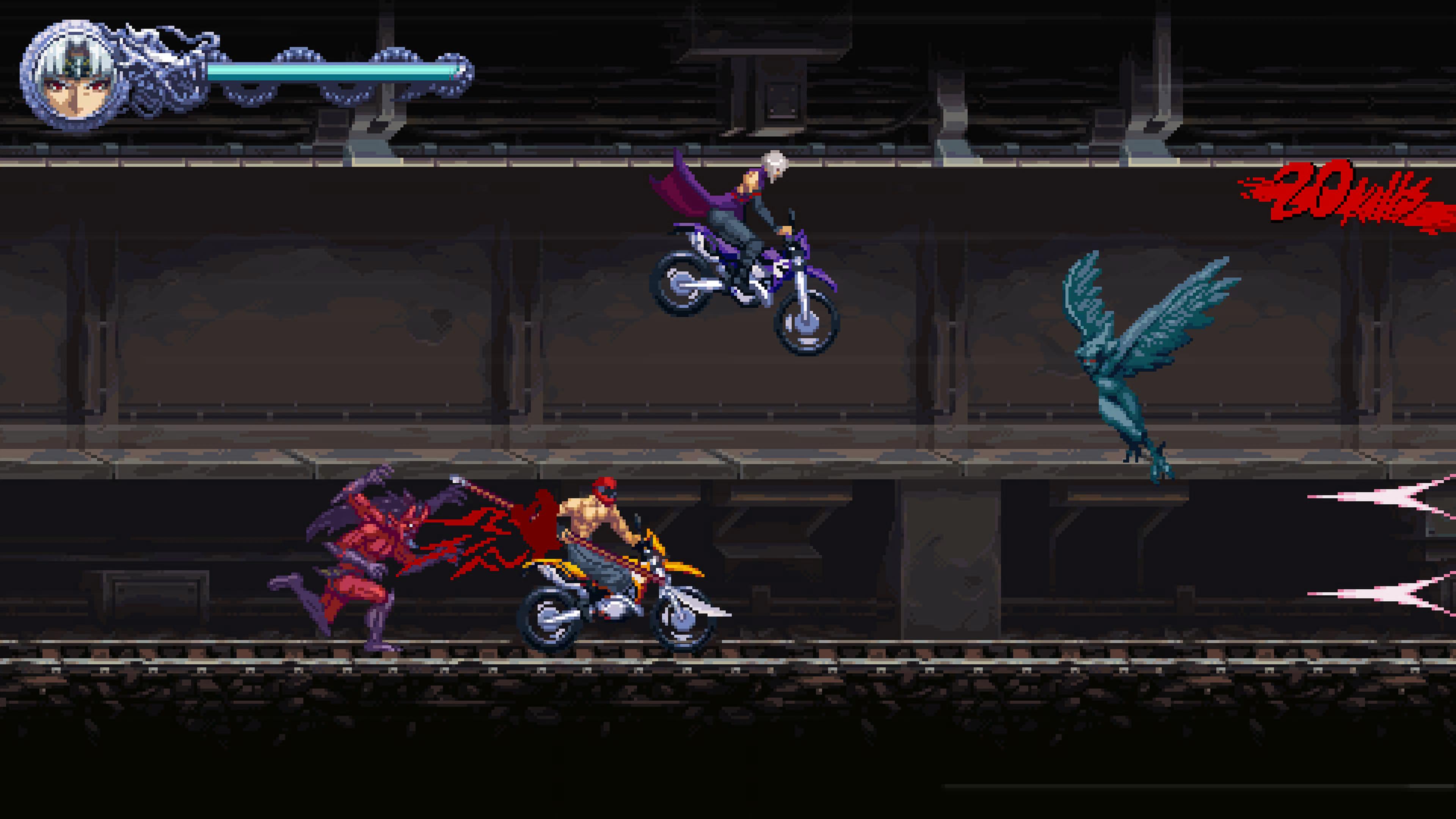 Στιγμιότυπο οθόνης από το Ninja Gaiden: Ragebound, το οποίο απεικονίζει την Kumori να οδηγά μια μηχανή, προσπαθώντας να αποφύγει τους εχθρούς.