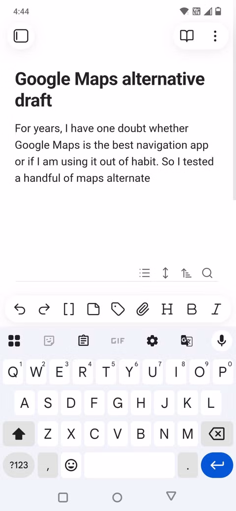 Στιγμιότυπο οθόνης που δείχνει τη γραμμή εργαλείων στην εφαρμογή Obsidian για κινητά