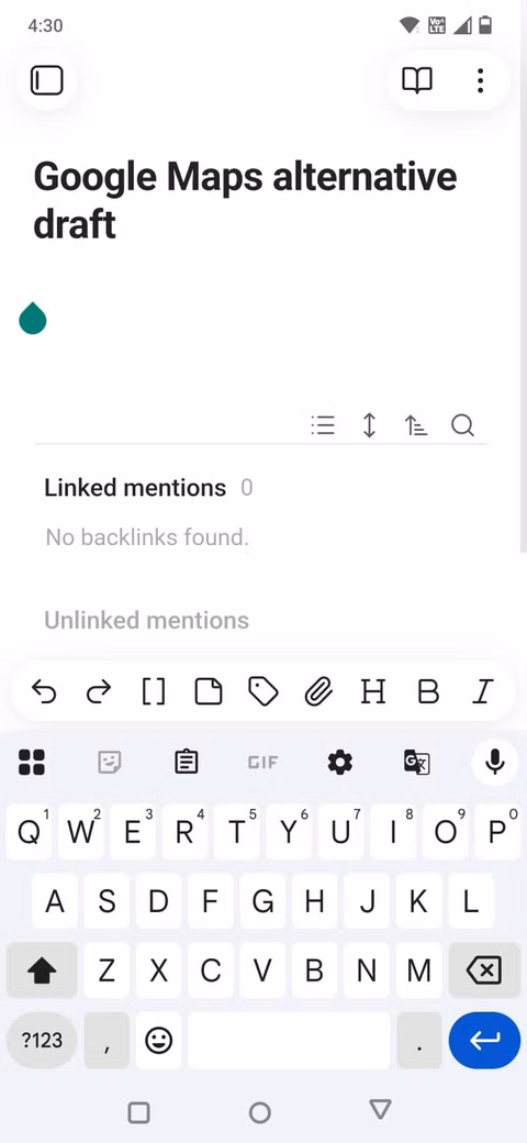 Στιγμιότυπο οθόνης που δείχνει το εικονίδιο microphpne του Gboard στην εφαρμογή Obsidian για κινητά