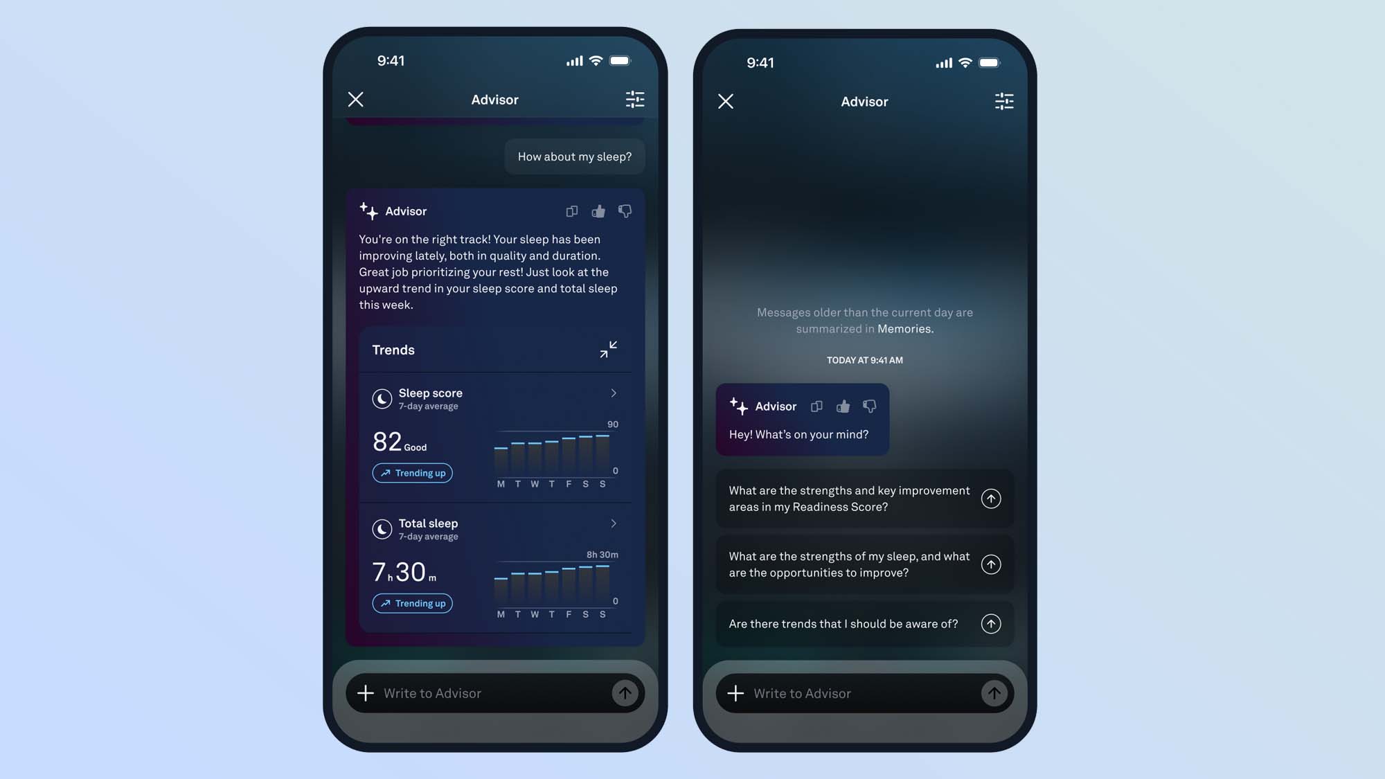ένα στιγμιότυπο οθόνης του Oura Advisor σε οθόνες τηλεφώνου