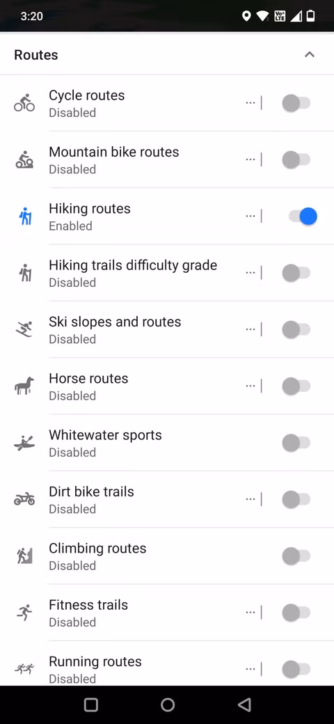 Στιγμιότυπο οθόνης της εφαρμογής OsmAnd που δείχνει επιλογές διαδρομής
