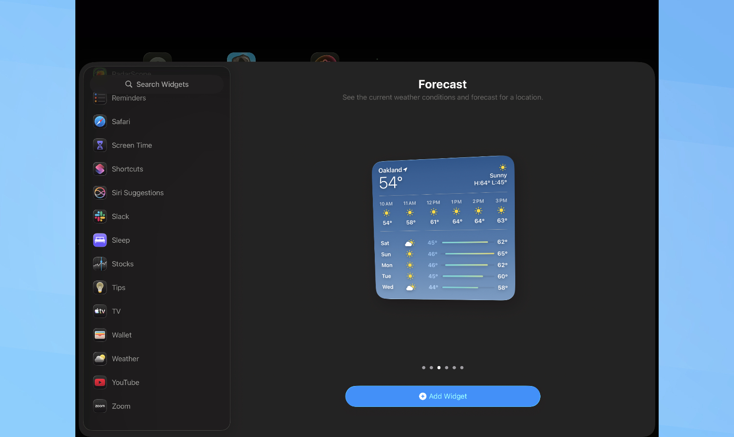 Μενού Apple iPad Widgets