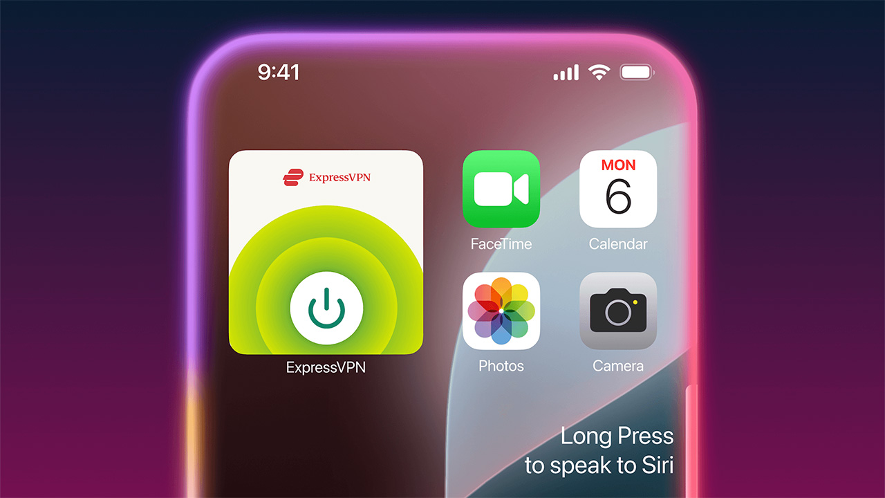 Γραφικό ExpressVPN που δείχνει το γραφικό στοιχείο ExpressVPN που εμφανίζεται στην επάνω αριστερή γωνία μιας οθόνης iPhone. Υπάρχει μια προτροπή στα δεξιά που διαβάζει "πατήστε παρατεταμένα για να μιλήσετε στη Siri" και τέσσερις άλλες εφαρμογές iPhone