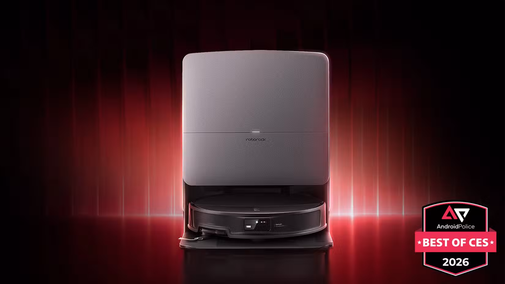 Roborock Saros20 σε φόντο με κόκκινο φωτισμό