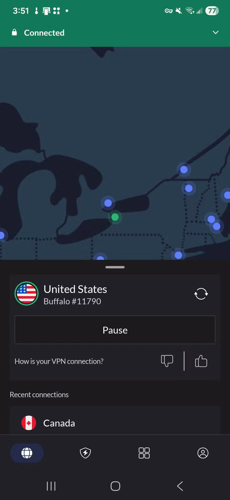 Η εφαρμογή NordVPN εμφανίζει την αρχική σελίδα και το κουμπί παύσης κατά τη σύνδεση
