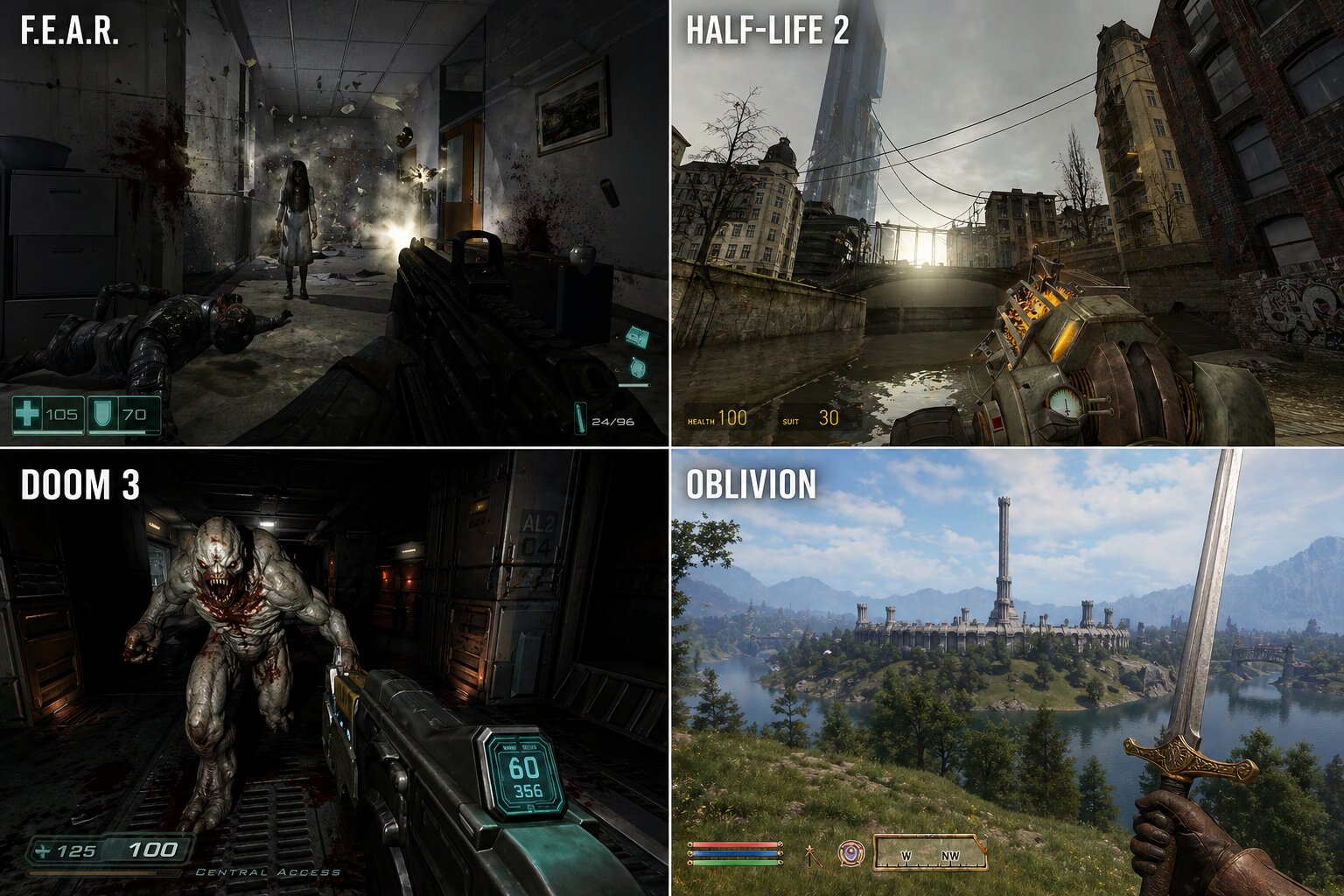 A collage featuring four game scenes: F.E.A.R. showing a hallway with a girl and debris, Half-Life 2 with a player holding a gravity gun near a canal, Doom 3 showing a monster in a dim corridor, and Oblivion featuring a landscape with a sword-wielding character overlooking a city.