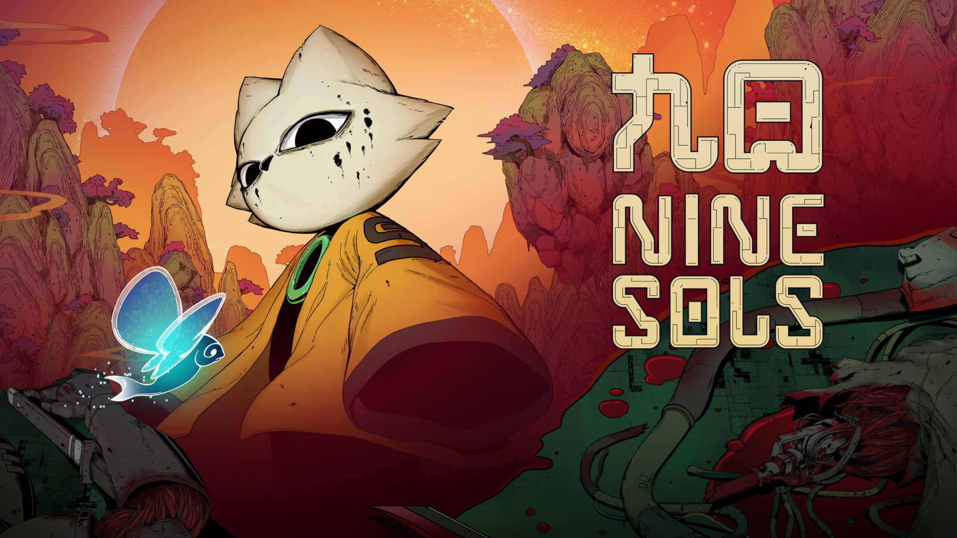 Ένας εικονογραφημένος χαρακτήρας με πρόσωπο που μοιάζει με γάτα στέκεται μπροστά από ένα εξωγήινο τοπίο με τον τίτλο «Nine Sols» να εμφανίζεται σε περίοπτη θέση στα δεξιά.