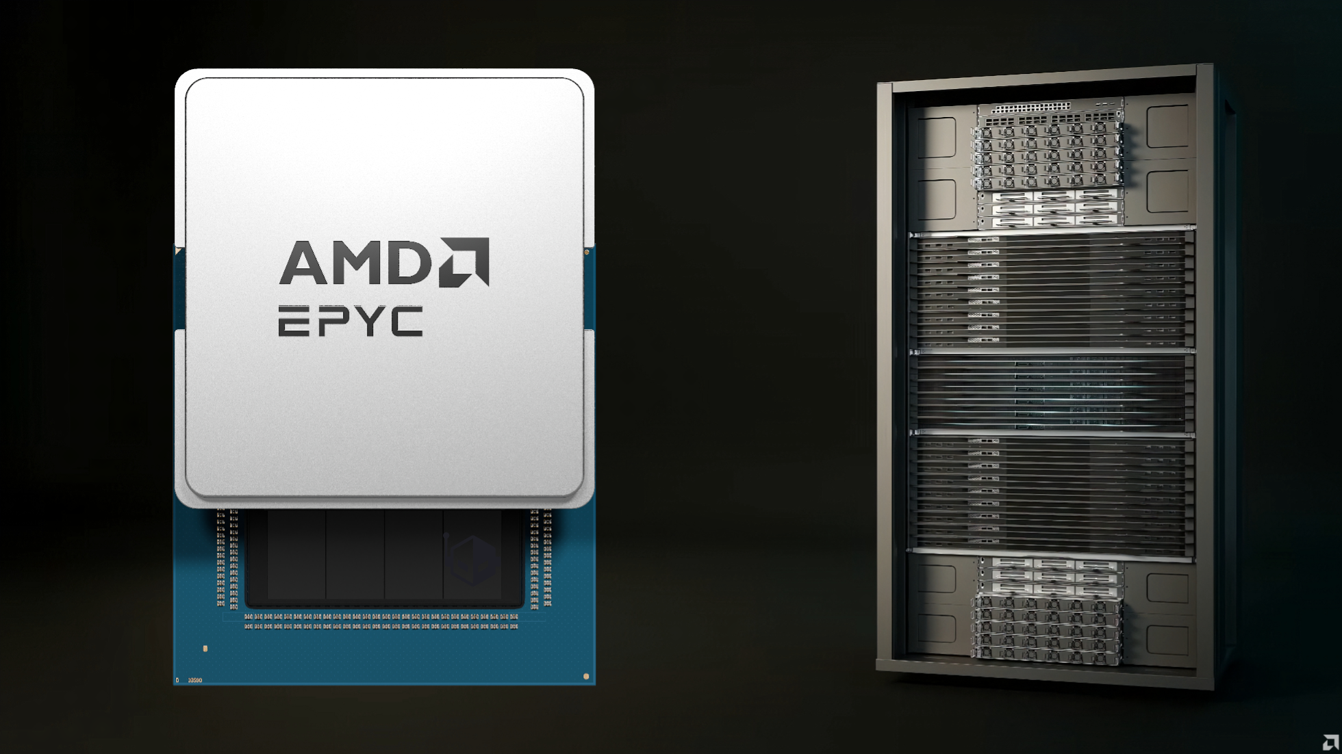 Ένας επεξεργαστής AMD EPYC εμφανίζεται δίπλα σε ένα rack διακομιστή.