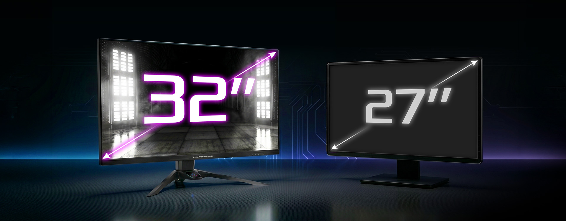 Μια σύγκριση δύο οθονών που εμφανίζουν μια μεγαλύτερη οθόνη ASRock Phantom Gaming με την ένδειξη «32» και μια μικρότερη οθόνη με την ένδειξη «27».