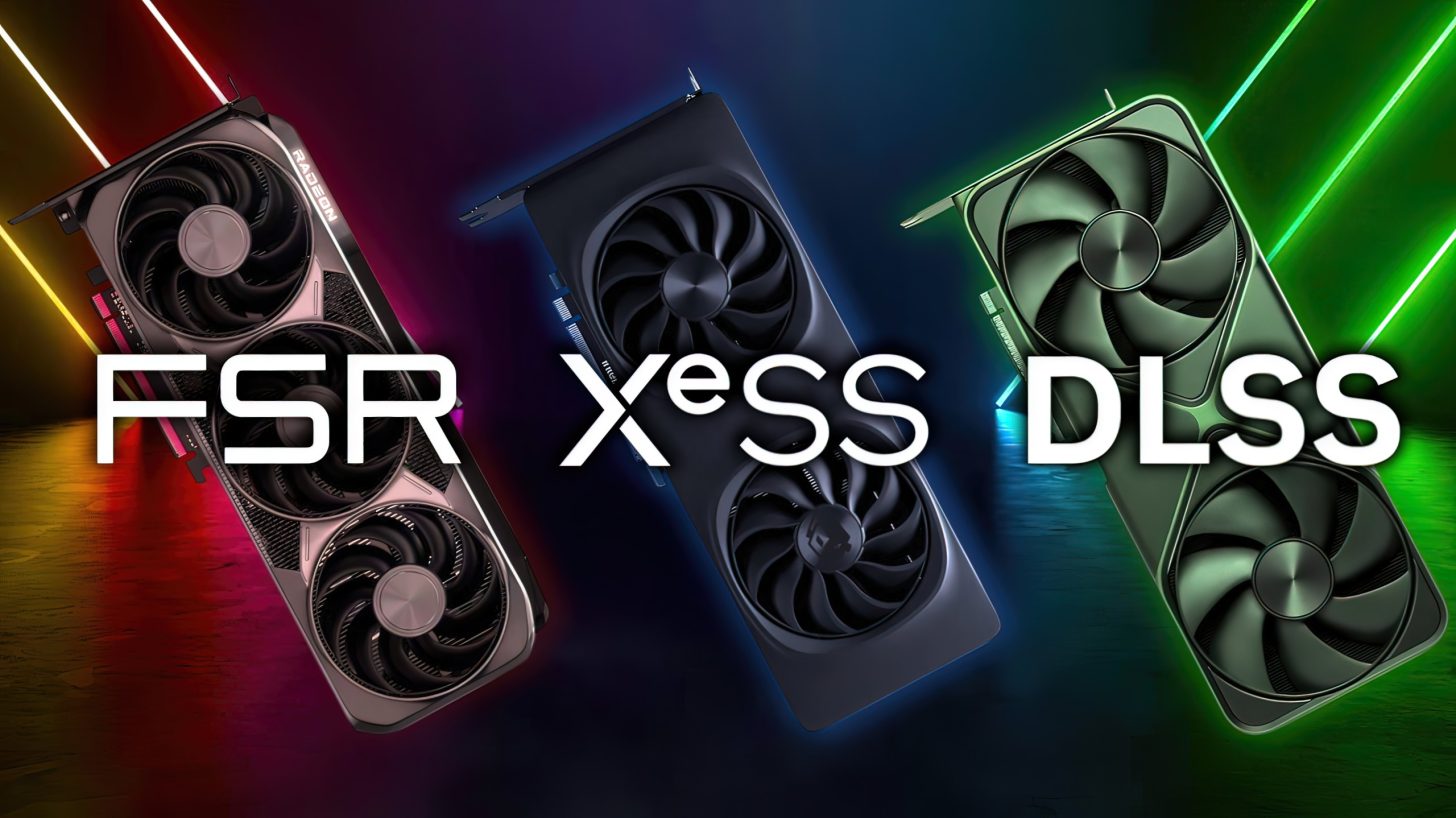 Three graphics cards are shown with overlaid text 'FSR,' 'XeSS,' and 'DLSS' from left to right.