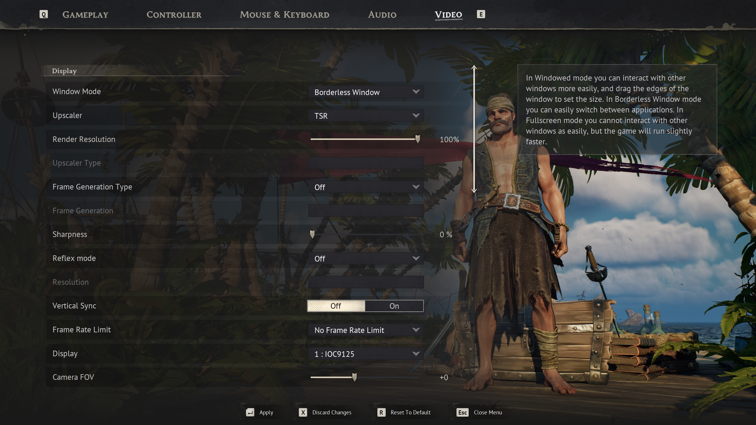 The video settings menu of a game shows options such as 'Borderless Window' mode, 'TSR' upscaling, '100%' render resolution, 'Off' frame generation, and 'Off' vertical sync, with a pirate character standing to the right.