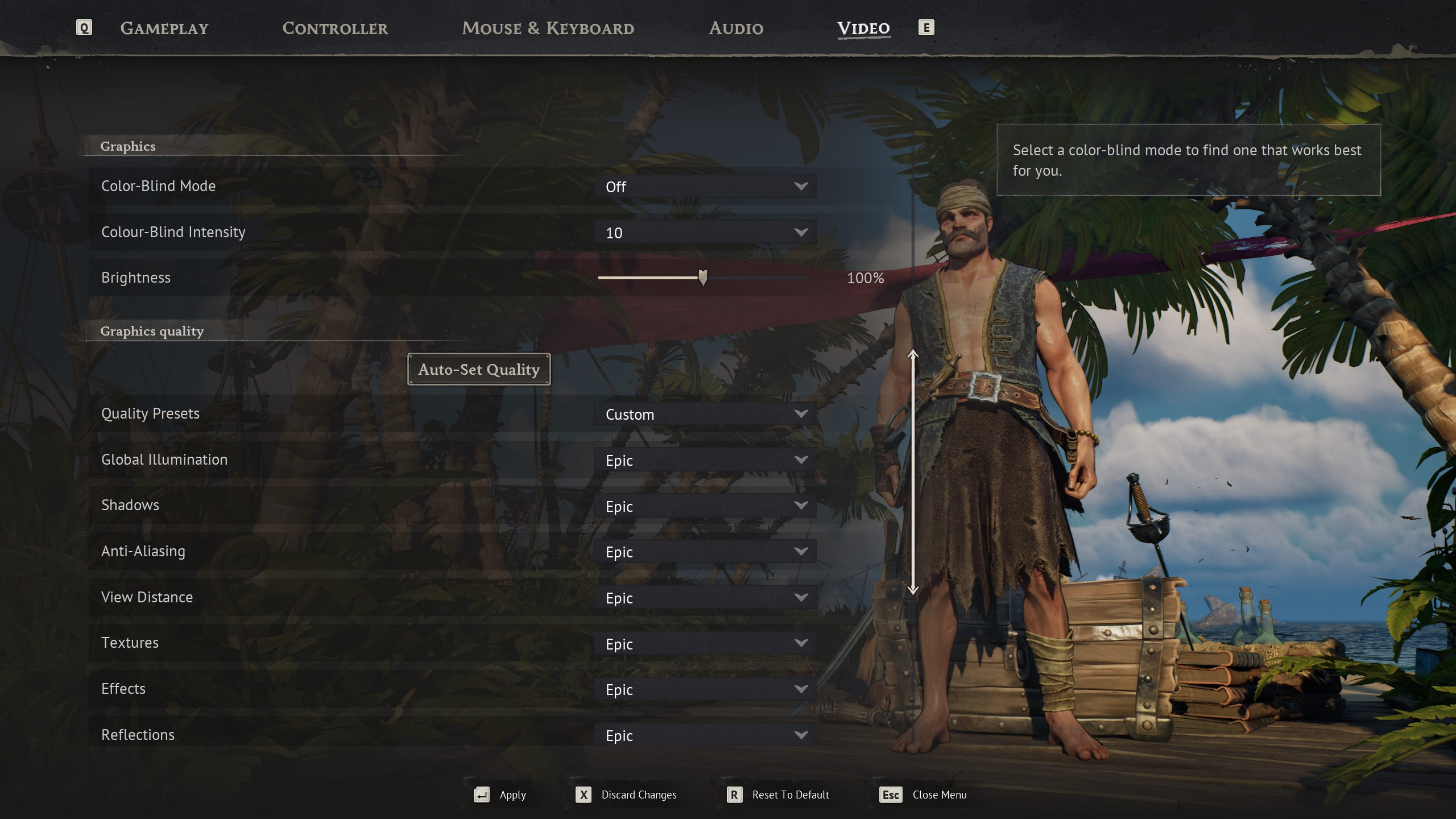 The graphics settings menu in a game shows various options, including 'Graphics quality' set to 'Epic' and a character standing on a beach with tropical vegetation in the background.